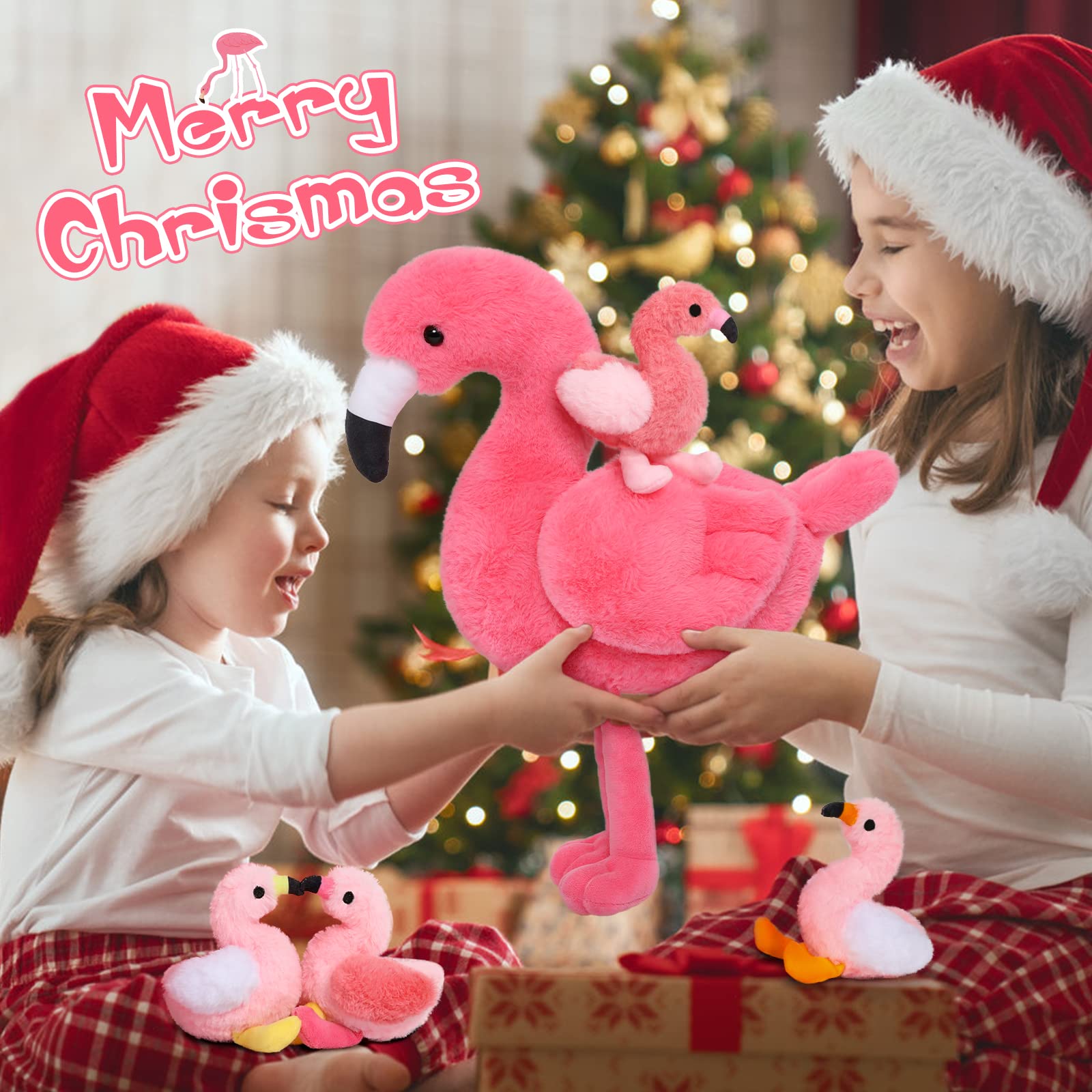 MorisMos 18 Inch Pink Flamingo Stuffed Animal with 4 Baby Bird Plush Toys Inside Zipper Tummy - Soft Plushie Gift Set for Girls, Women, Home Decor, Birthday, Christmas & Valentine's Day - Perfect for Nursery Decor, Cuddling & Gift Giving