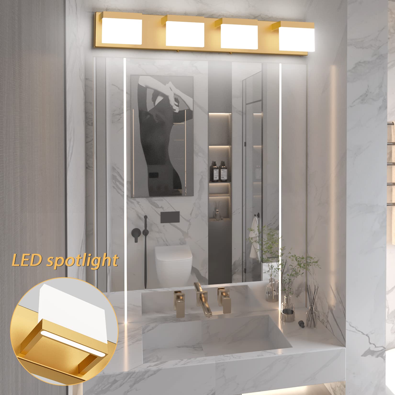 Tipace Modern LED Bathroom Vanity Lights - 4-Light Gold Wall Fixture with Up & Down Lighting, 6000K Daylight White - Perfect for Bathroom Makeup Mirror & Dressing Area Illumination