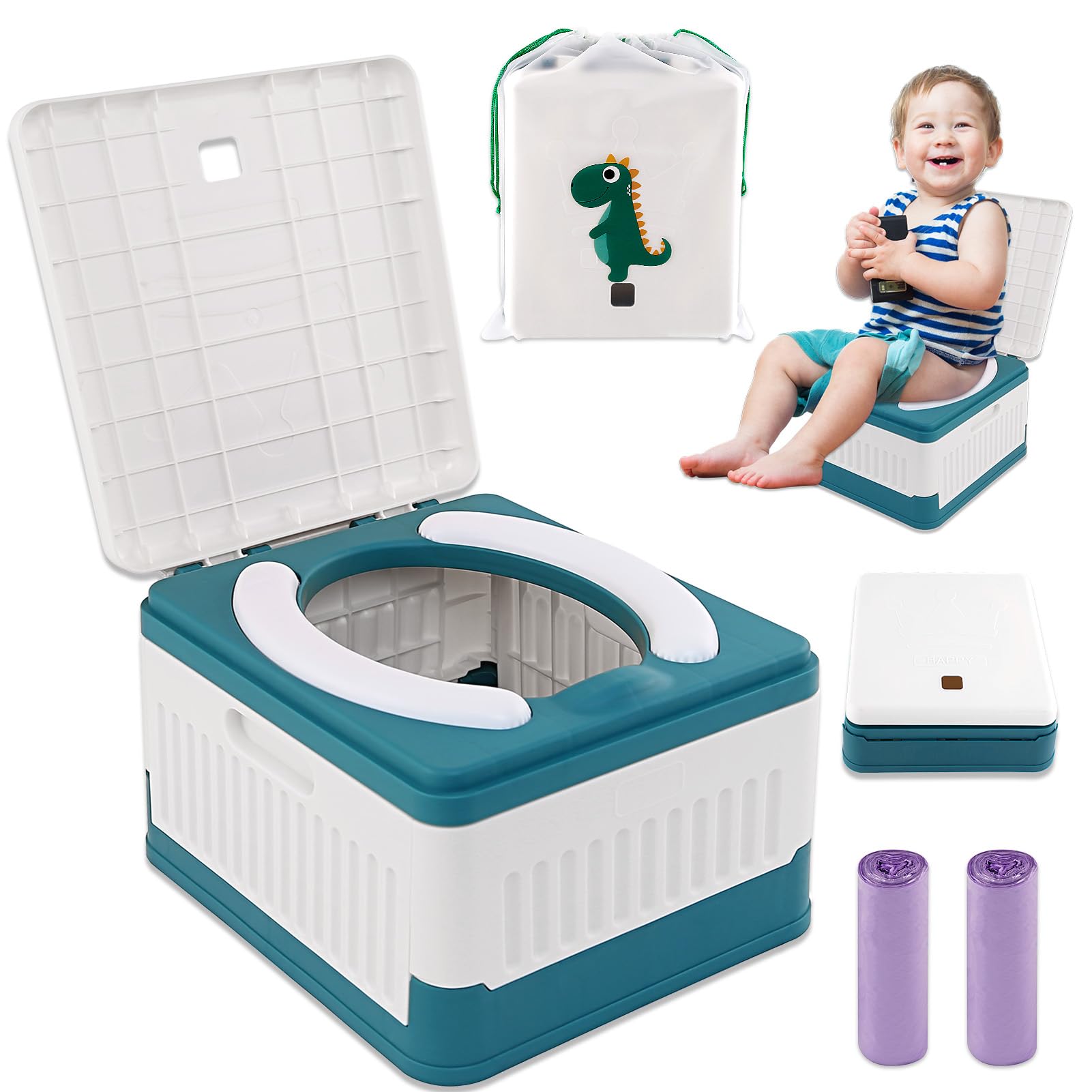 Foldable Travel Potty for Toddlers - Portable Training Toilet Seat for Boys & Girls - Emergency Car Toilet for Camping, Outdoor & Indoor Use - Includes 30 Disposable Bags (Blue) - Perfect for Road Trips, Hiking & Home Potty Training