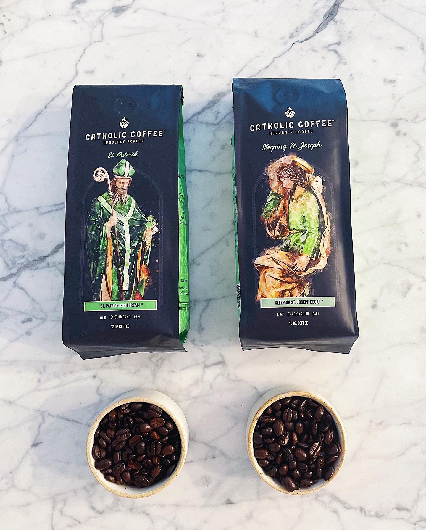Premium Catholic Coffee Variety Gift Box - 4 Pack (12oz Each) Ground Coffee with Our Lady of Guadalupe, St. Patrick, St. Peter & St. Joseph - Medium & Dark Roast Blend - Perfect for Prayer Time, Bible Study & Faith-Based Gifting