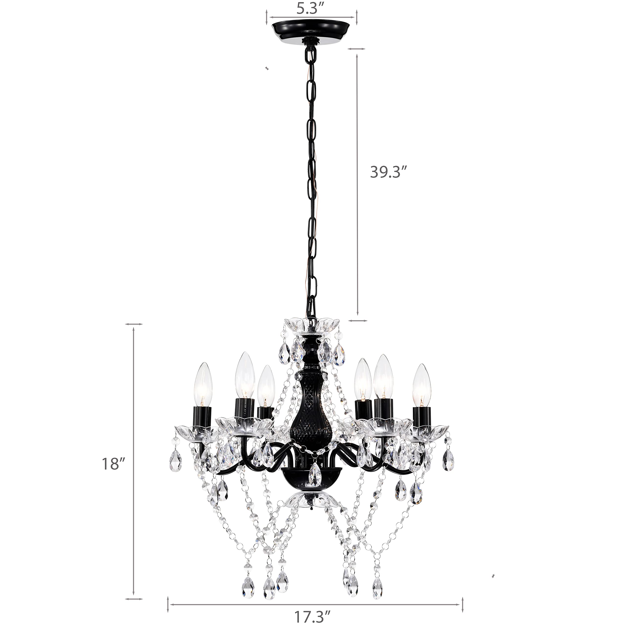 Modern Black Crystal Chandelier - 6-Light Candle Style Lighting Fixture for Dining Room, Living Room & Bedroom | Elegant Ceiling Light for Home Decor, Wedding Venues & Restaurants