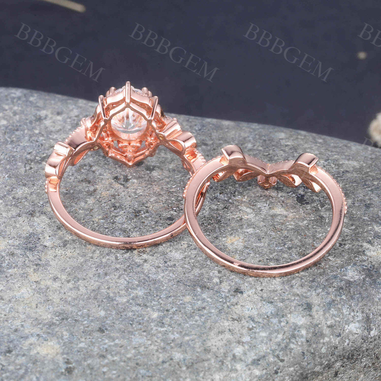 Rose Gold Oval Moissanite Engagement Ring Set with Diamond Matching Band - Art Deco Milgrain Wedding Ring for Women | Perfect for Proposals, Anniversaries & Bridal Jewelry