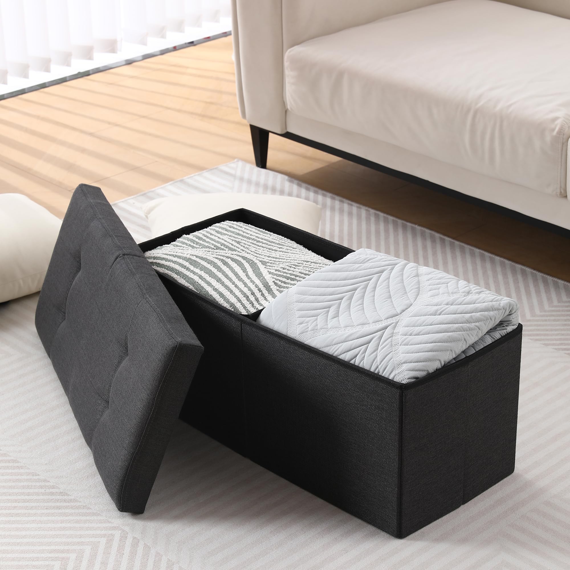 Foldable Storage Ottoman Bench with Flipping Lid - 75L Large Capacity, 30 Inch Linen Fabric Footrest Shoe Bench for Bedroom, Living Room & Entryway - Perfect for Extra Seating, Shoe Storage & Home Organization (Black)