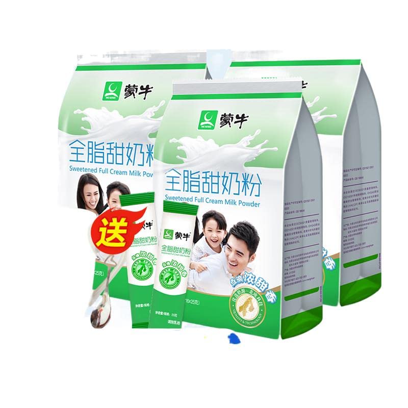 Mengniu Whole Sweetened Milk Powder 400g x 3 Bags - Creamy Full-Fat Powdered Milk for Baking, Coffee & Breakfast - Bulk Pack for Home & Office Use