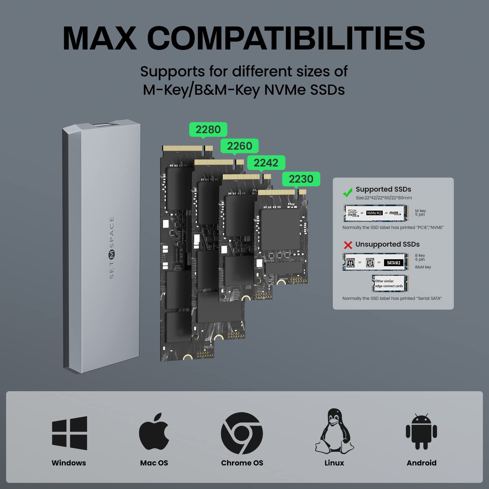 Premium Aluminum Alloy NVMe SSD Enclosure - 10Gbps USB 3.2 Gen 2 M.2 NVMe External Case for 2230/2242/2260/2280 SSDs with USB-C & USB-A Cables - Durable Screw-Fixed Design for Gaming, Video Editing & Data Backup