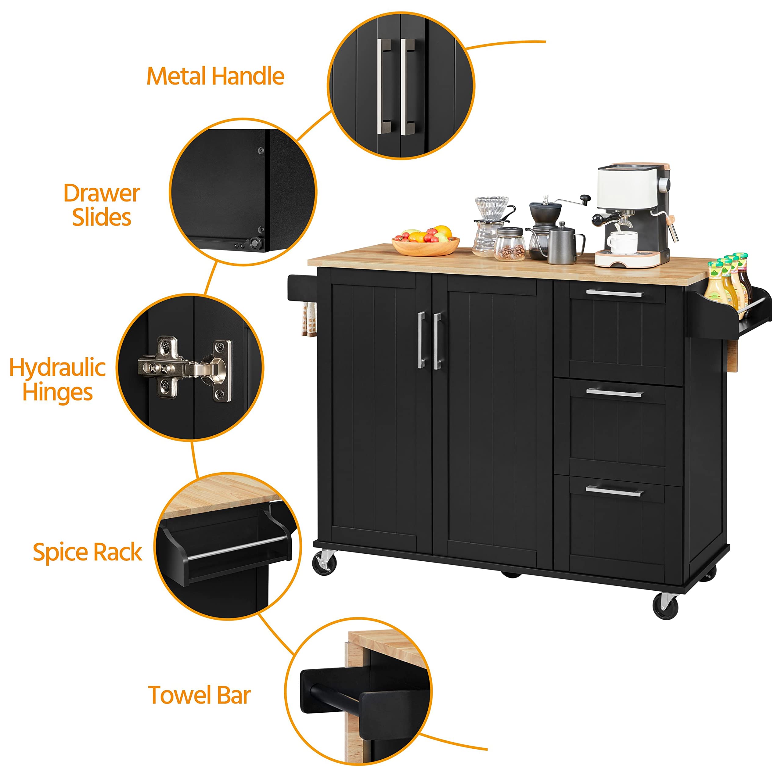 Topeakmart Black Mobile Kitchen Island with Foldable Countertop - Kitchen Cart with Storage Cabinet, 3 Drawers & Spice Rack - Perfect for Small Kitchens, Dining Rooms & Food Prep Areas