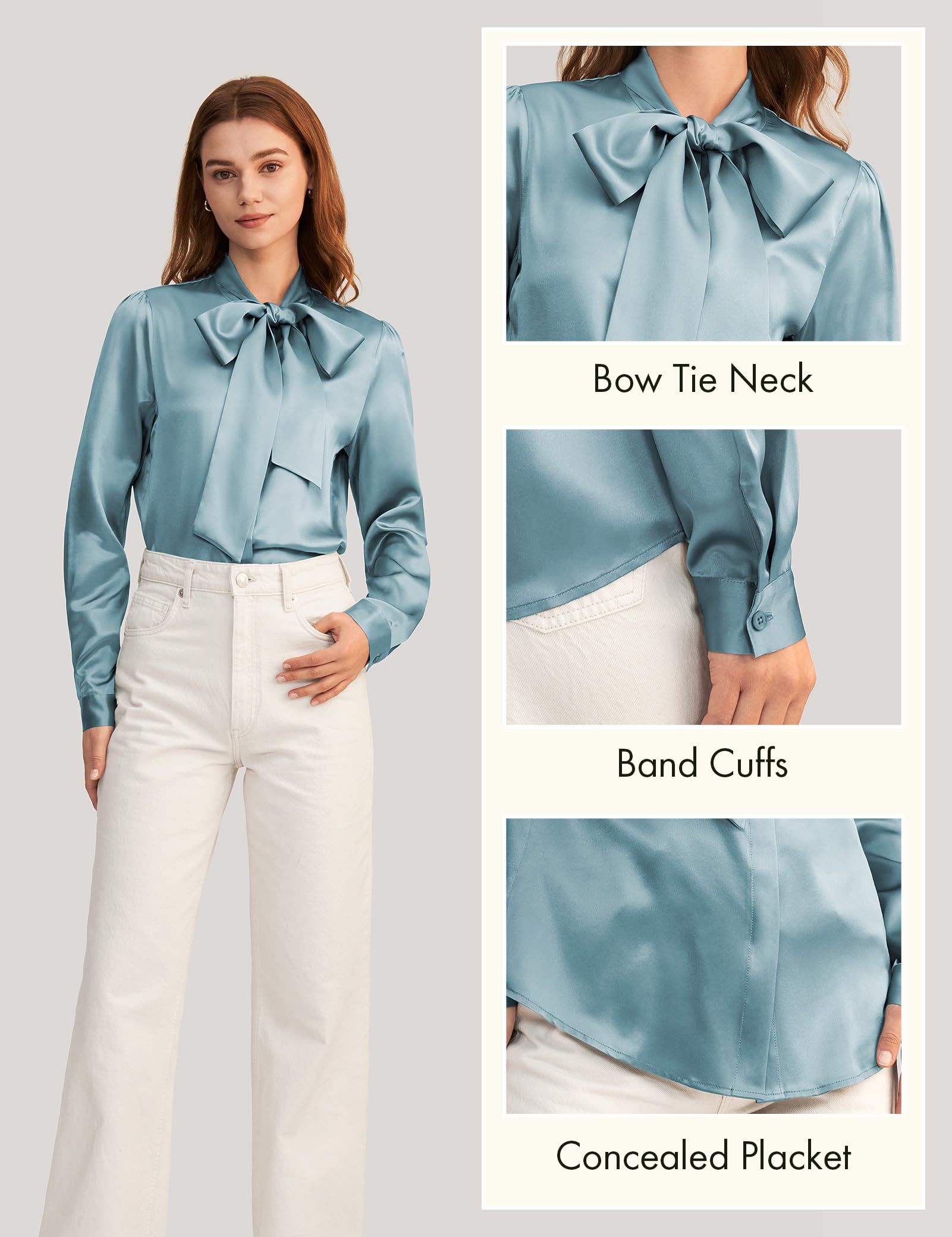 LilySilk Women's Vintage Bow Tie Neck Long Sleeve Silk Blouse - 100% Pure Silk Button Down Shirt for Office, Date Night & Special Occasions