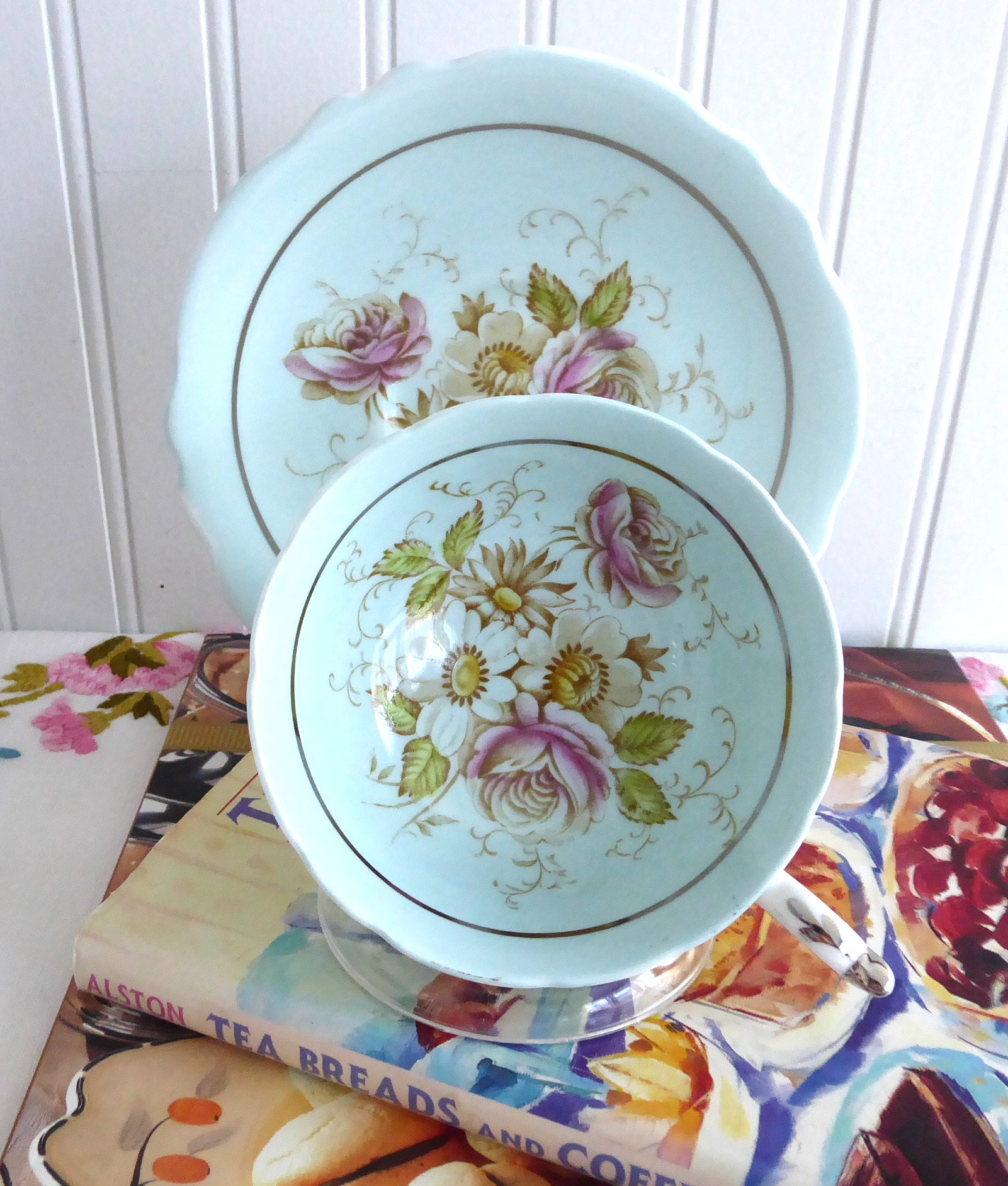 Vintage 1940s Hand-Painted Floral Paragon Cup and Saucer Set - Robin's Egg Blue with Platinum Trim | Elegant Tea Time, Bridal Shower, and Antique Collectible
