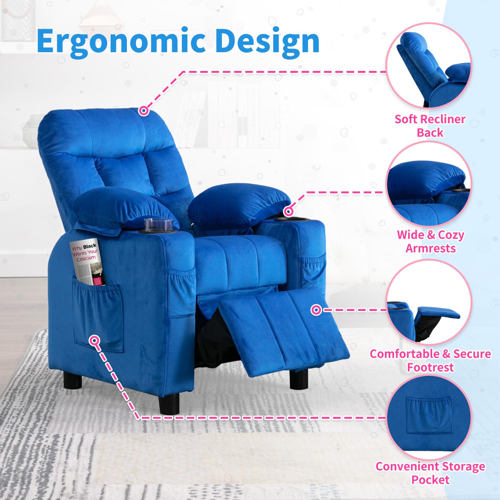 **Kids Recliner Chair with Cup Holder - Adjustable Velvet Lounge Chair with Footrest & Side Pockets - Ergonomic Toddler Sofa for Boys & Girls Bedroom (Navy) - Perfect for Reading, Gaming & Relaxing**