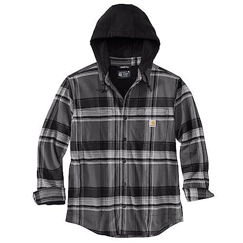 Rugged Flex Relaxed Fit Flannel Fleece Lined Hooded Shirt Jacket - Black/Shadow - Perfect for Outdoor Adventures and Casual Wear