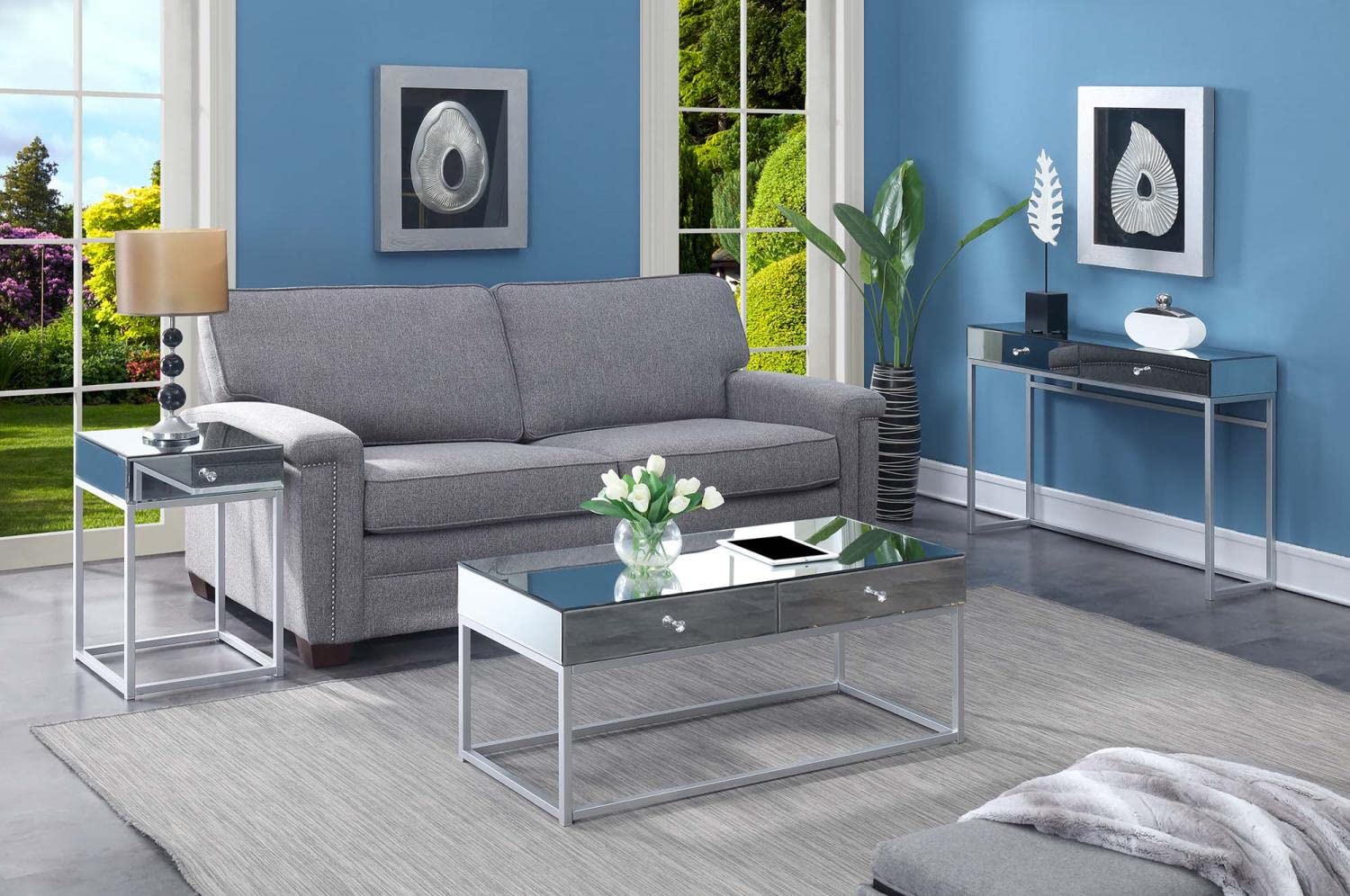 Convenience Concepts Reflections End Table - Modern Mirror Finish Silver Accent Side Table for Living Room, Bedroom & Office Decor