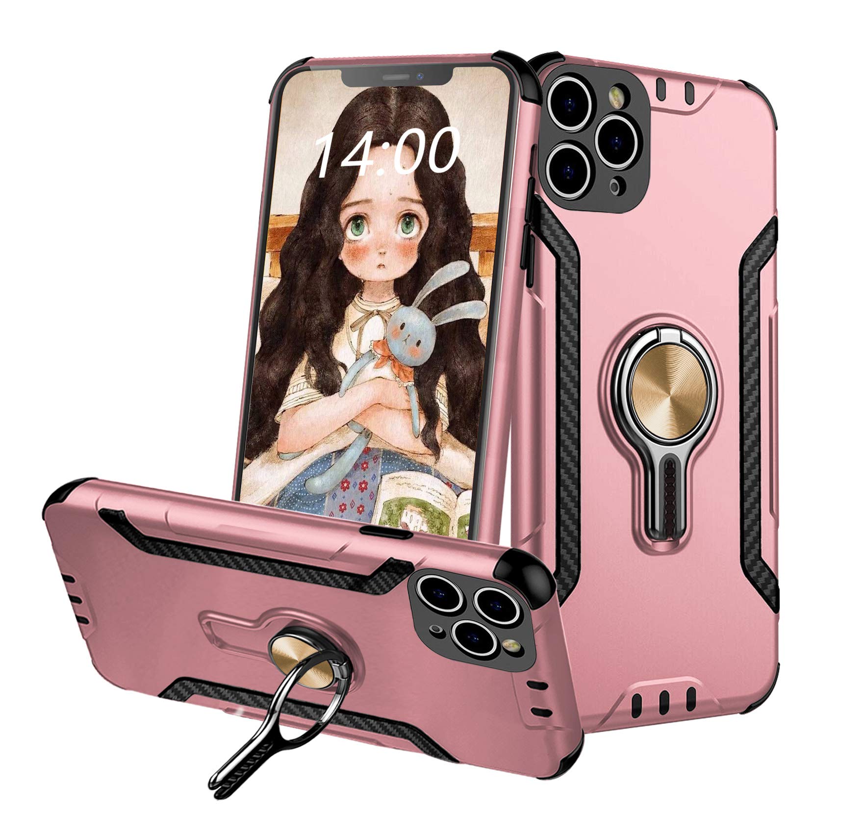 Premium Heavy Duty iPhone 11 Pro Max Case with Ring Kickstand - Military-Grade Shockproof Hybrid Cover (PC Hard Shell + Soft Silicone) for iPhone 11 Pro Max - Rose Gold Pink | Perfect for Outdoor Activities, Travel & Daily Protection