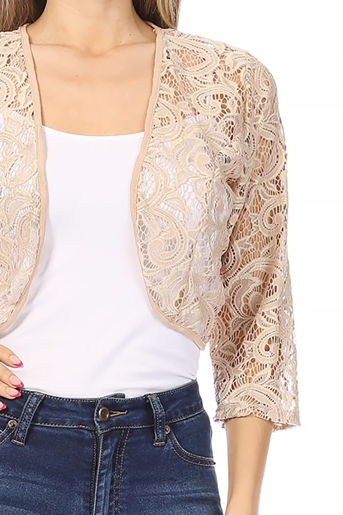 Women's Lace Bolero Crochet Cardigan 3/4 Sleeve Sheer Cover Up Jacket - Lightweight Summer Shrug for Beach, Wedding, and Casual Outfits