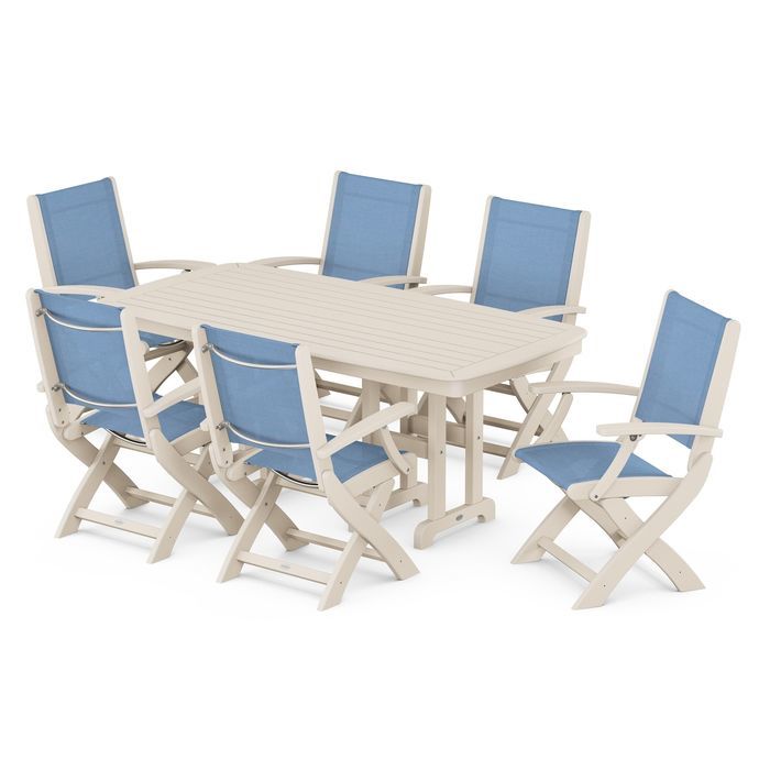 POLYWOOD Coastal Folding Arm Chair 7-Piece Outdoor Dining Set - Perfect for Patio, Deck, Poolside & Beachfront Entertaining