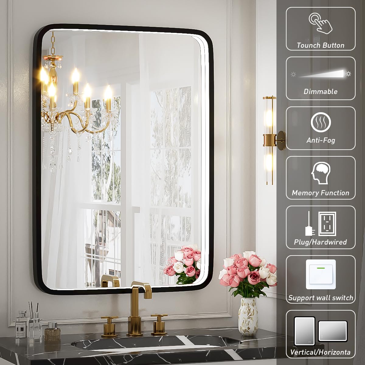 20X28 Inch LED Bathroom Mirror with Lights - Wall Mounted Anti-Fog Vanity Mirror with Dimmable 6000K Lighting, Non-Rusting Black Metal Frame & Memory Function (Horizontal & Vertical) - Perfect for Modern Bathrooms, Makeup Vanity & Home Decor
