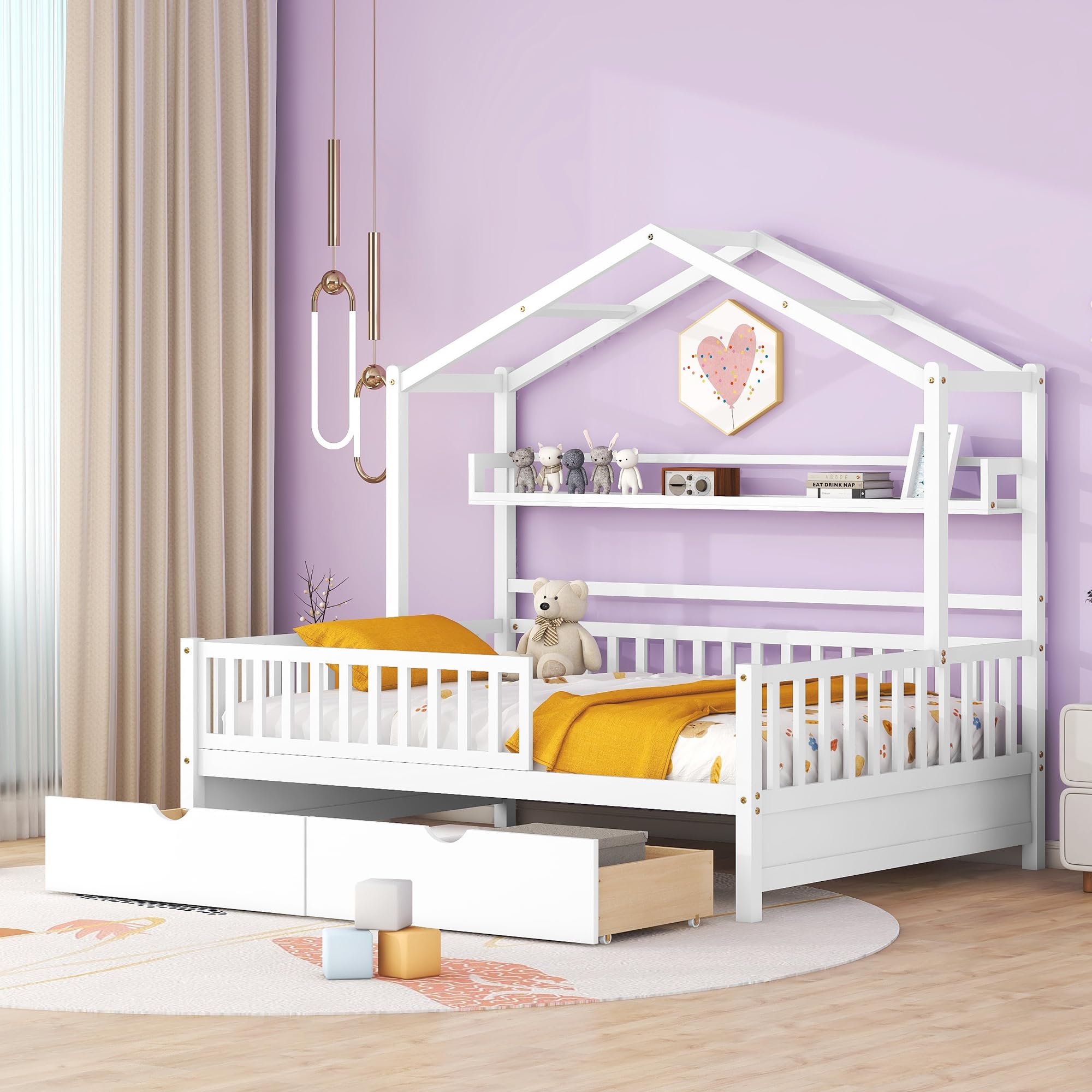 **Full Size Wooden House Bed with Storage Drawers & Shelf - Montessori Playhouse Bed with Roof & Fence for Kids (White-E0082) - Perfect for Bedrooms, Playrooms & Montessori Learning Spaces**