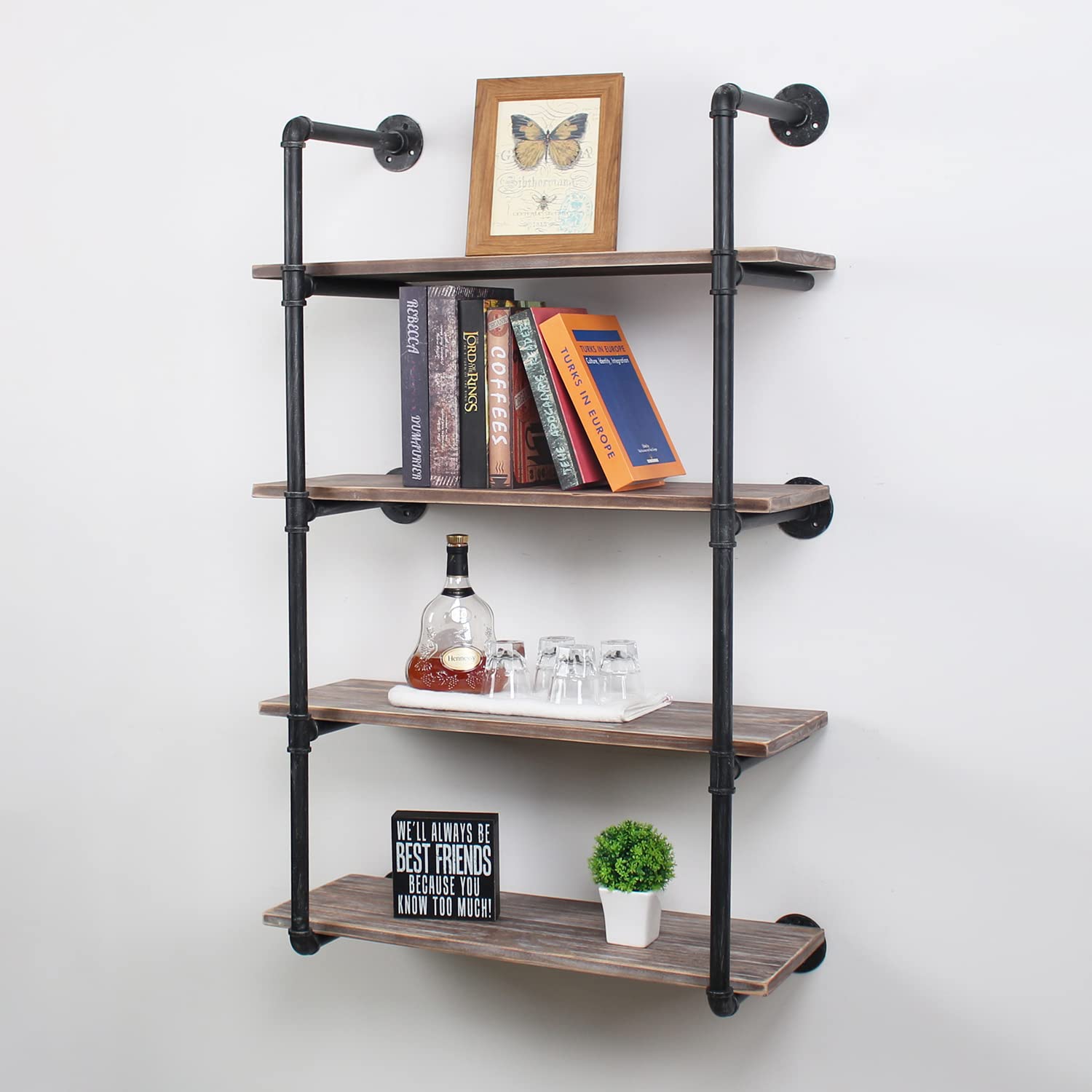 Industrial Pipe Wall Mounted Shelves - 30 Inch Rustic Metal Floating Shelves, Steampunk Wood Bookcase, Farmhouse Kitchen Bar Shelf Unit (4 Tier) - Perfect for Home Office, Living Room, and Kitchen Storage