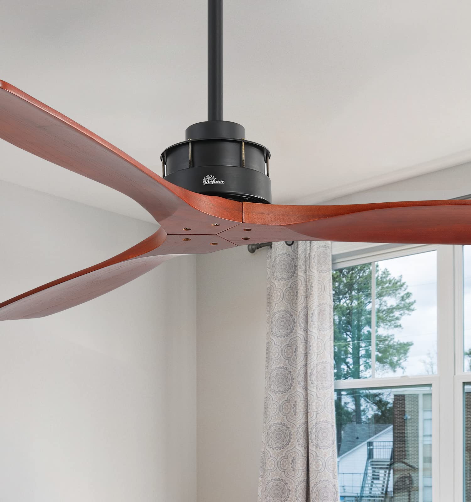 60 Inch Solid Wood Ceiling Fan with Remote - No Lights, Low Profile Flush Mount in Yellow White - 3 Blade Indoor/Outdoor Ceiling Fan with 3 Downrods - Perfect for Living Room, Farmhouse, Patio, Bedroom & Office