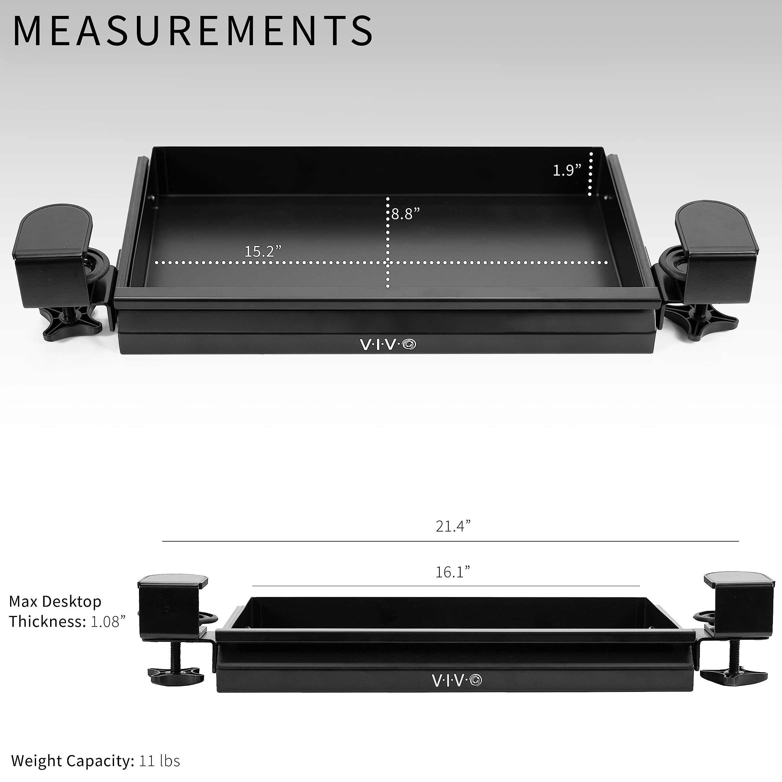 VIVO 16 Inch Under Desk Drawer Organizer - Black Clamp-On Sliding Storage Tray for Office & Standing Desks | Perfect for Storing Pens, Notebooks & Office Supplies Under Sit Stand Workstations
