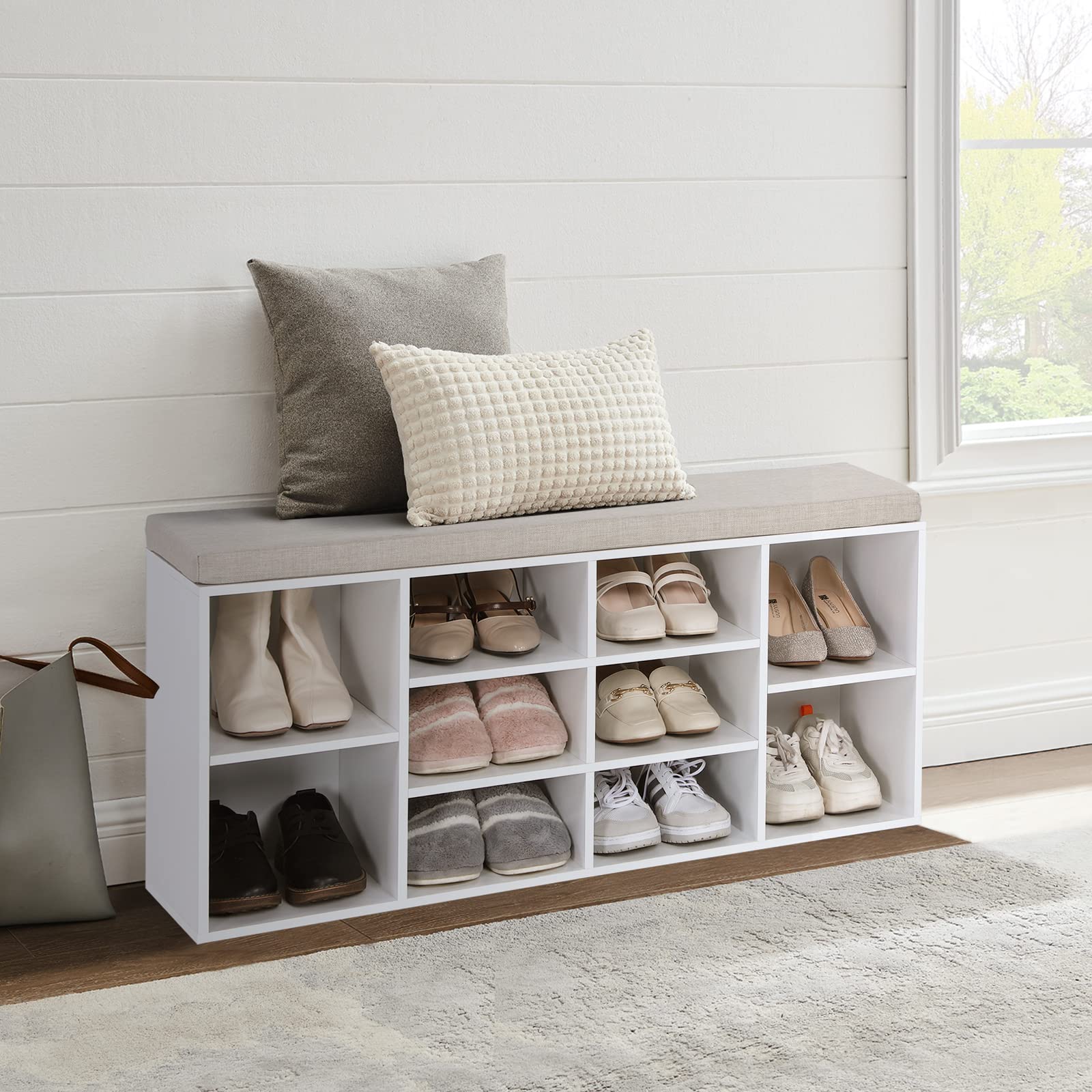 Sophia & William Entryway Shoe Bench with Cushion - 8 Compartment Storage Cabinet, Adjustable Shelves Freestanding Shoe Rack (400 lbs Capacity) - Perfect for Hallway, Mudroom & Closet Organization - White