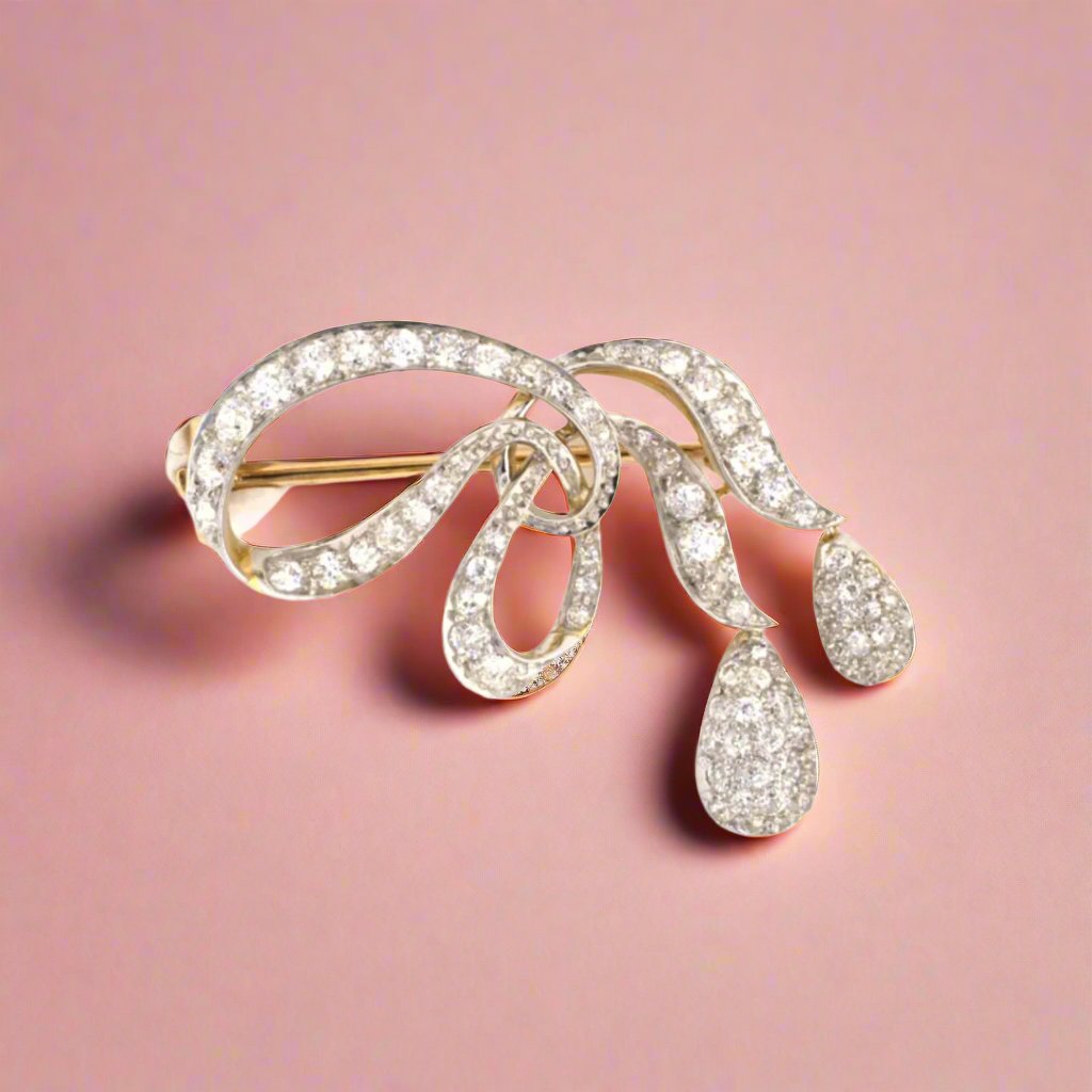 Antique Edwardian Diamond Ribbon Bow Dangle Pin - Vintage Jewelry for Bridal, Prom & Special Occasions