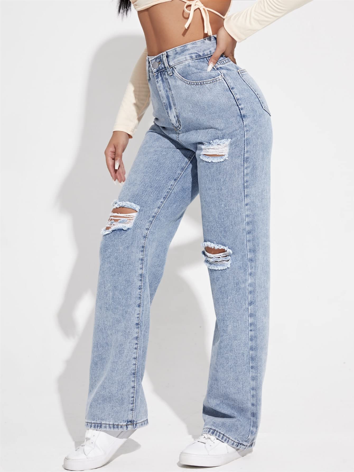 WDIRARA Women's High Waist Ripped Flare Bell Bottom Jeans with Pockets - Vintage Denim Pants for Casual Outfits & Retro Fashion Style