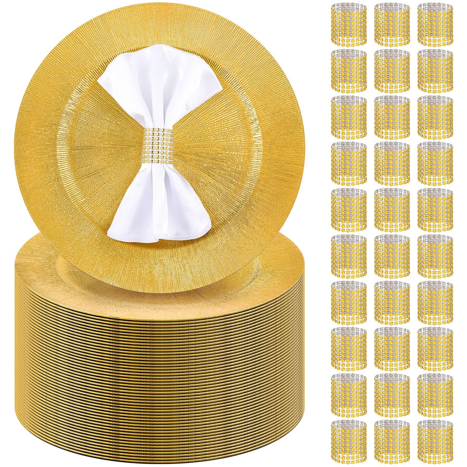 48-Piece Gold Charger Plates Set with Napkin Rings - 13 Inch Round Plastic Dinner Plates for Wedding, Party & Event Decorations - Elegant Table Setting for Formal Dinners, Bridal Showers & Holiday Celebrations