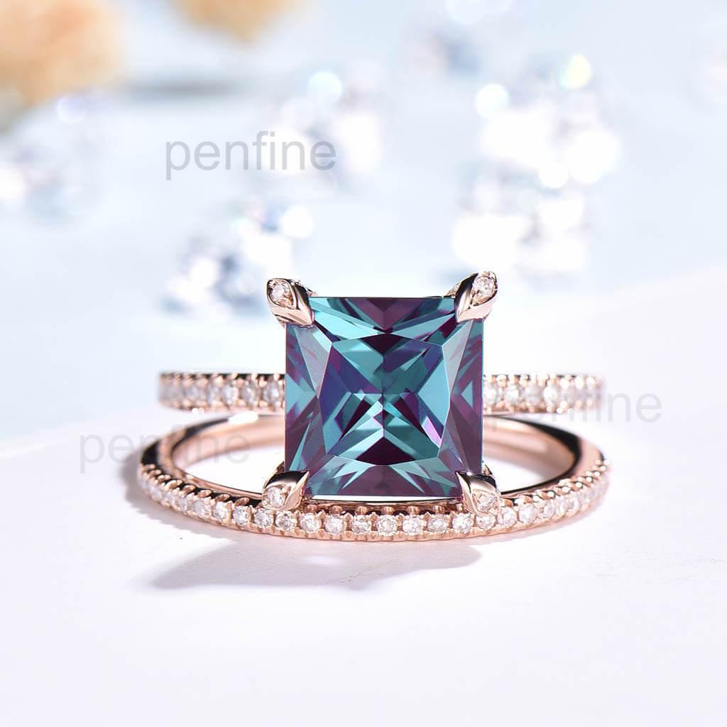 Princess Cut Alexandrite Diamond Engagement Ring Set with Claw Prong Setting - 2 Piece Bridal Jewelry Set for Proposals, Weddings & Anniversaries