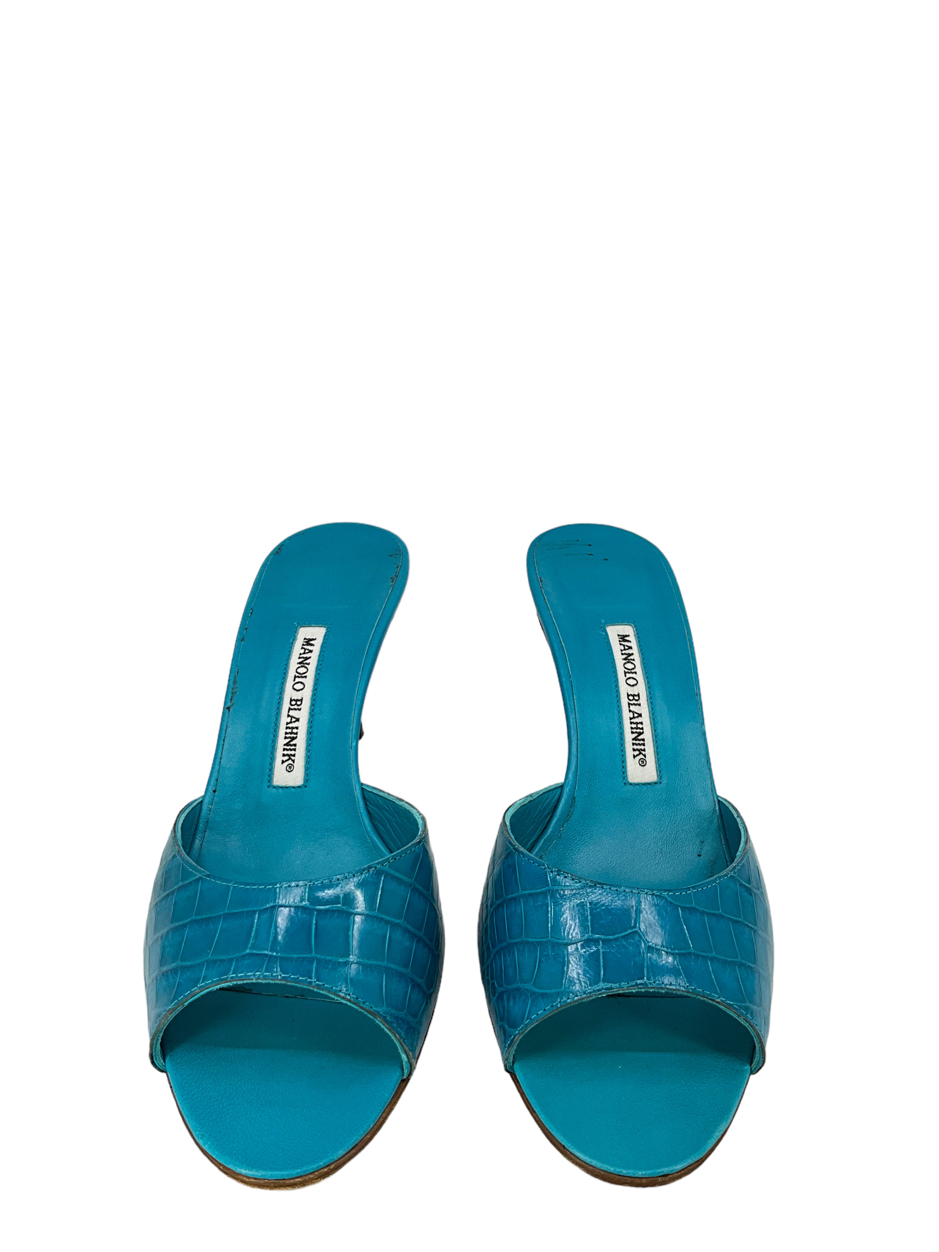 Manolo Blahnik Turquoise Alligator Leather Mules Women's Size 11 | Luxury Designer Shoes for Weddings, Parties & Special Occasions