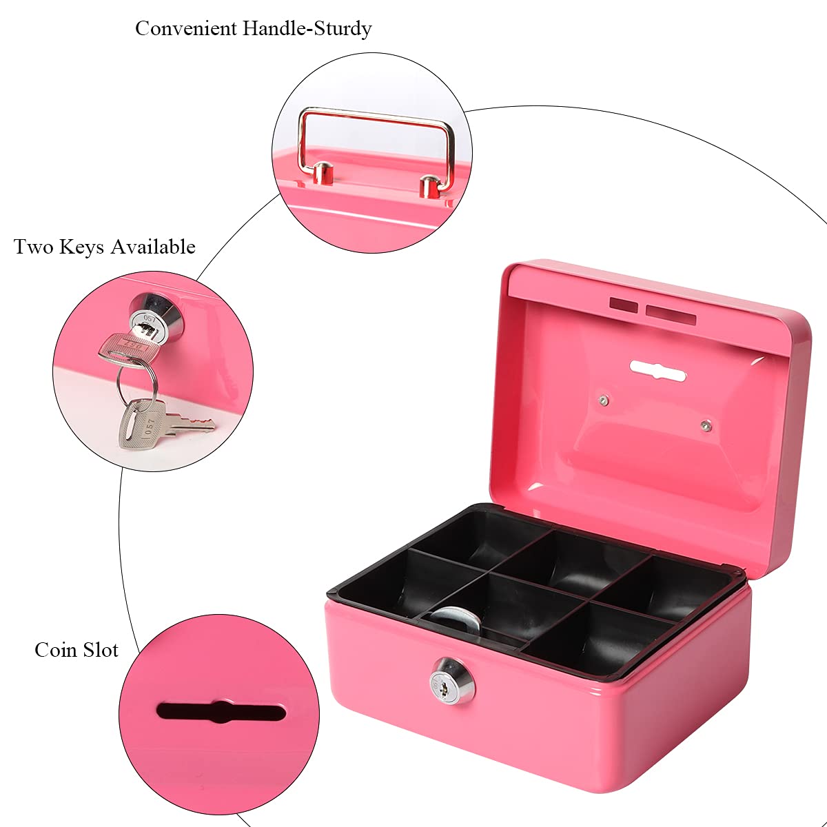 Jssmst Small Lock Cash Box with Money Tray - Secure Pink Locking Money Box for Kids with Top Slot (5.91 x 4.72 x 2.95 inches) - Perfect for Allowance Savings, Piggy Bank Alternative, and Home Office Cash Management (Model CB003-P)