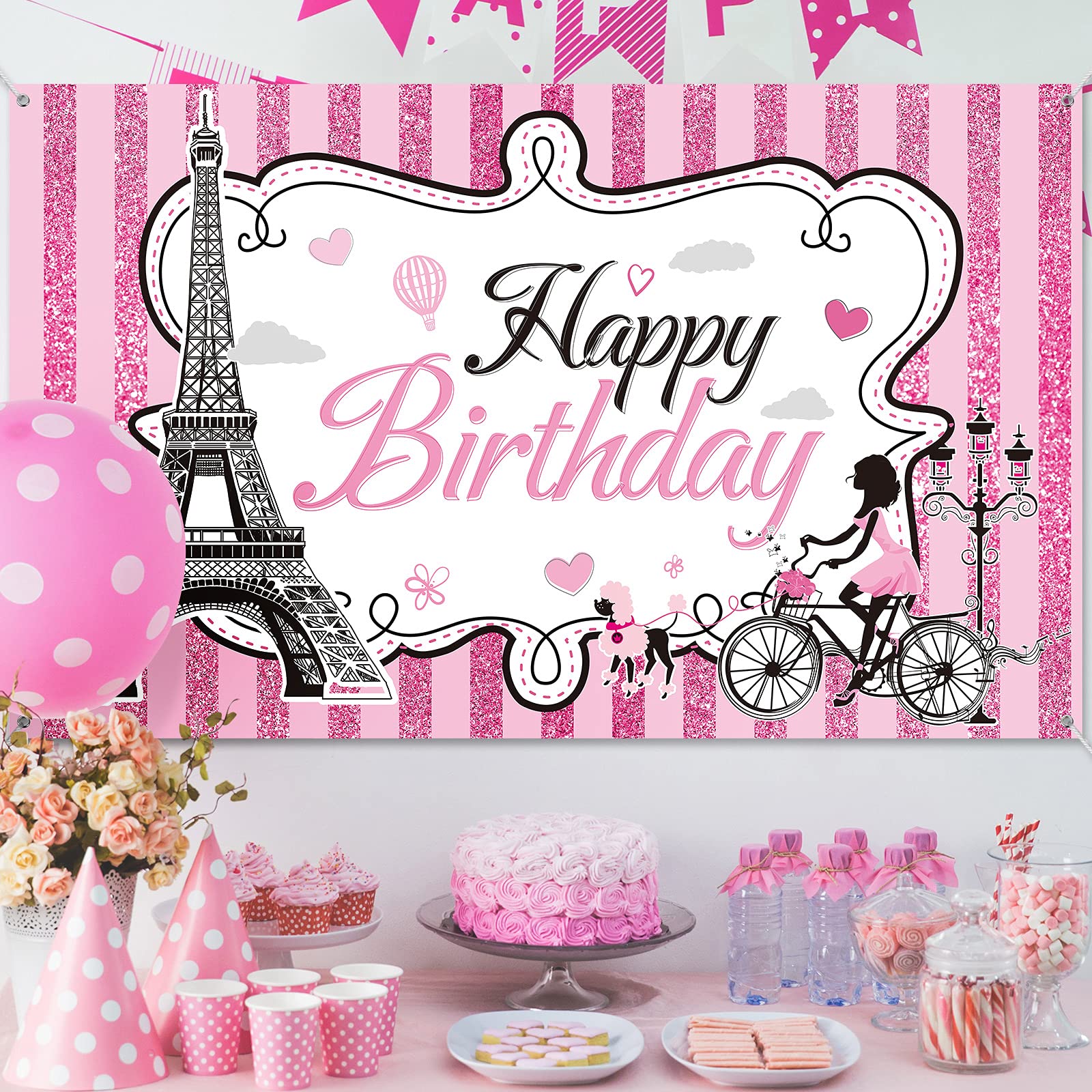 Paris Happy Birthday Backdrop - Eiffel Tower Photography Background for Paris Themed Party Decor | Sweet Pink Stripes Birthday Party Supplies | 5.9 x 3.6 ft | Perfect for Dessert Table Decorations, Baby Showers & Bridal Showers