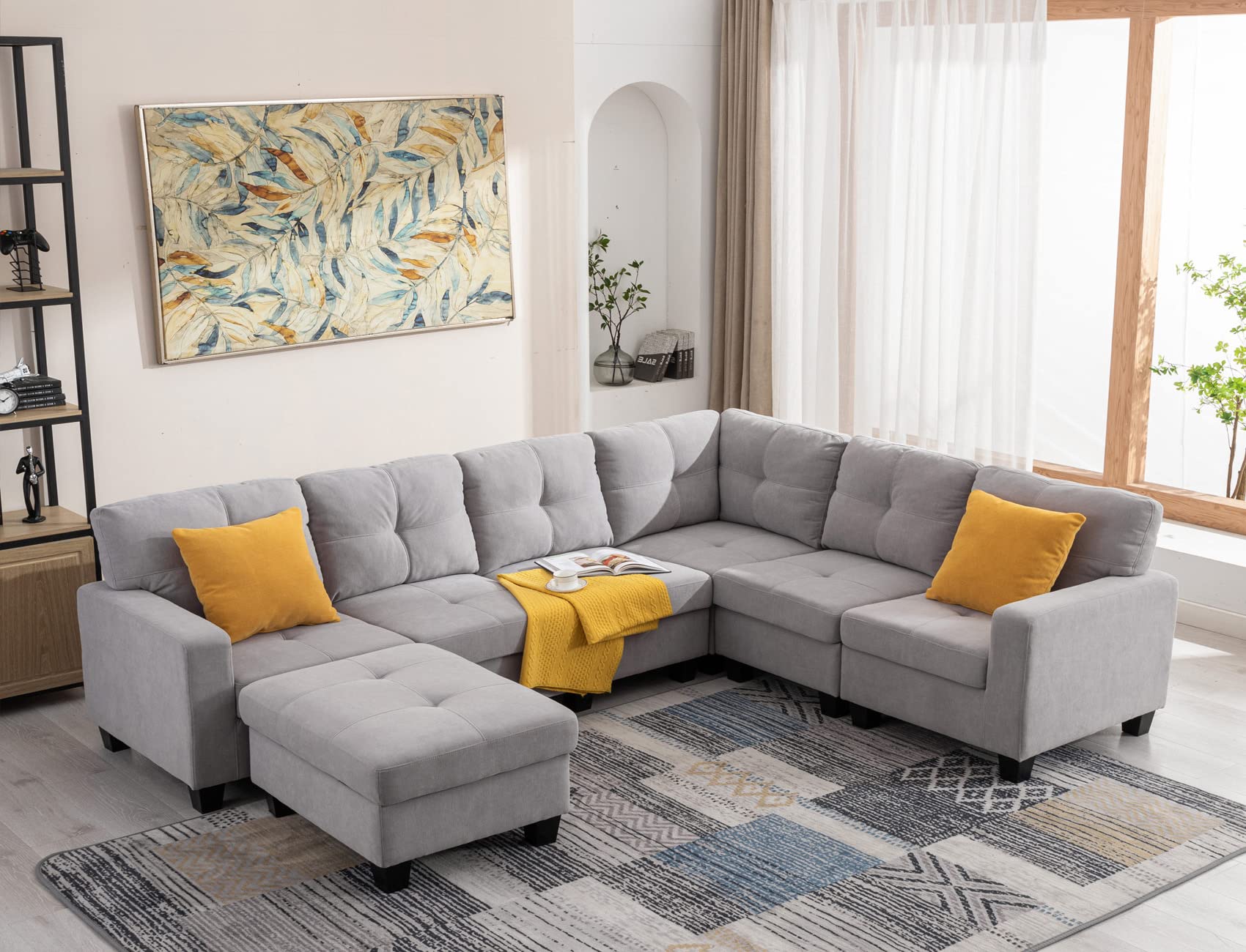 Sunflower Storage Ottoman Foot Stool - Grey Chaise Lounge Section with Hidden Storage for Living Room, Bedroom & Dorm | Perfect for Extra Seating, Footrest & Home Organization