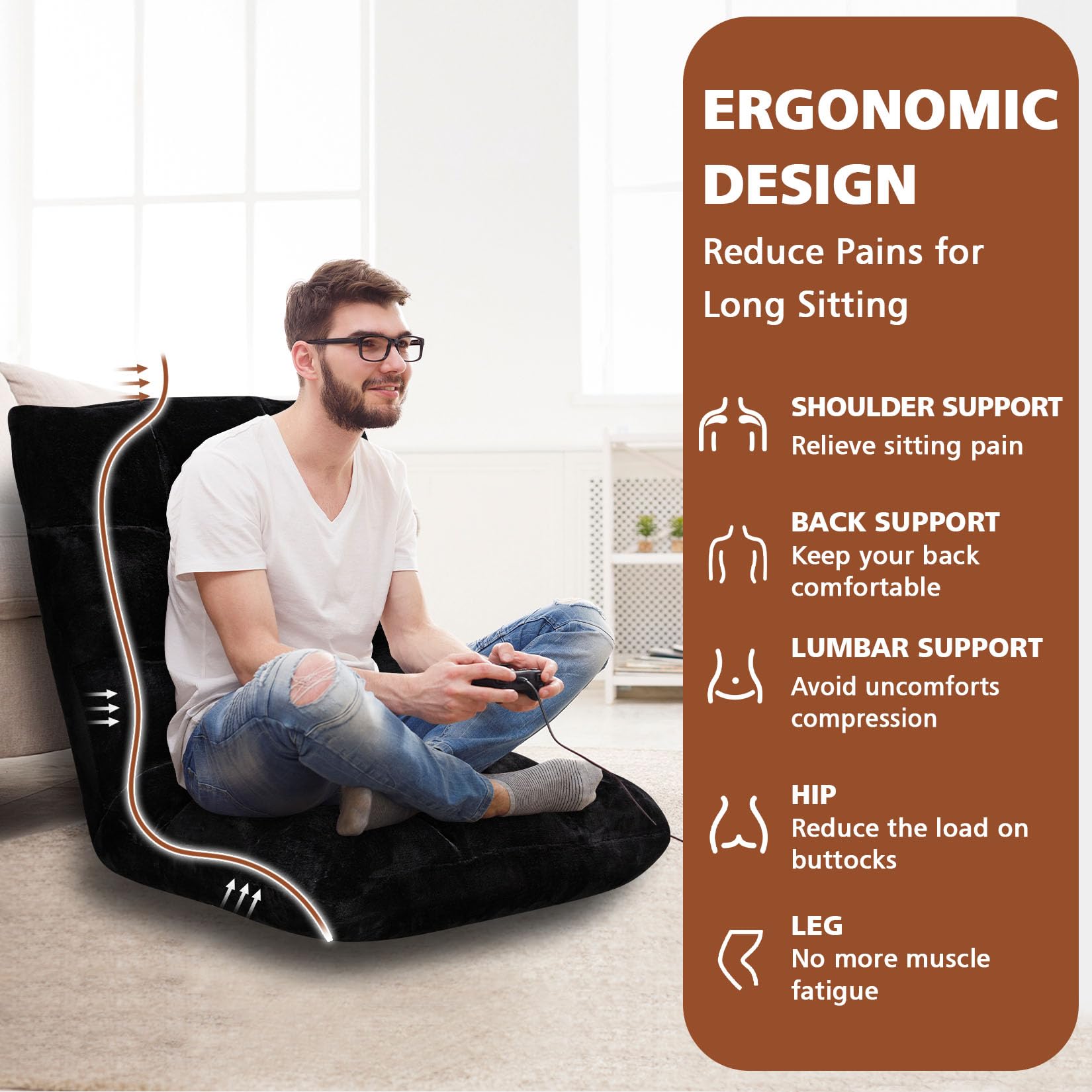 14-Position Adjustable Folding Floor Chair with Cushion - Breathable Cotton & Skin-Friendly Flannel - Perfect for Reading, Meditation, Yoga & Relaxation - Great for Adults & Kids - Black (Ideal for Living Room, Bedroom, Dorm & Office Use)