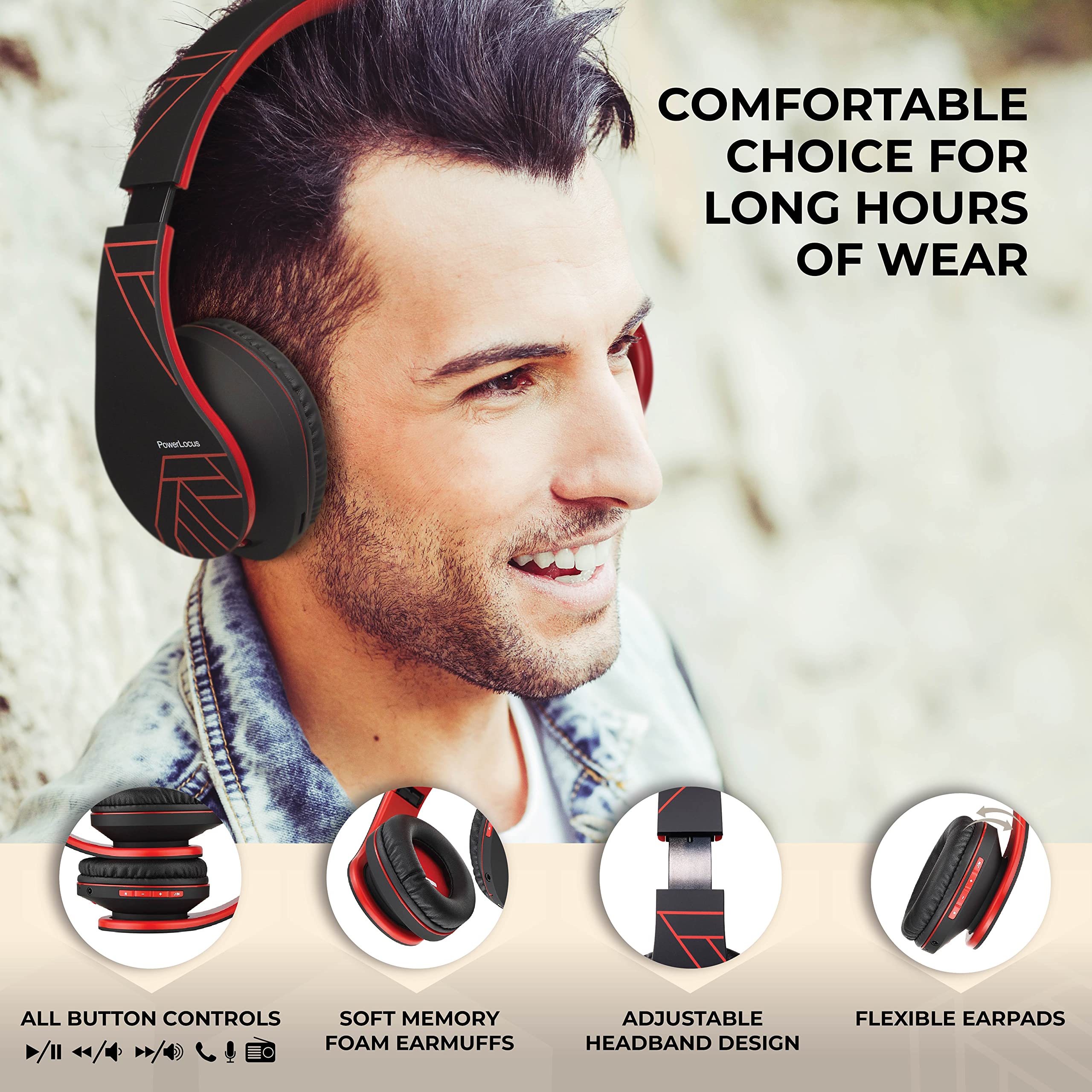 PowerLocus Bluetooth Over-Ear Headphones - Wireless & Wired Stereo Headset with Built-in Mic, Foldable Design, Micro SD/TF & FM Radio - Compatible with iPhone, Samsung, iPad, PC (Black/Red) - Perfect for Travel, Workouts & Home Entertainment