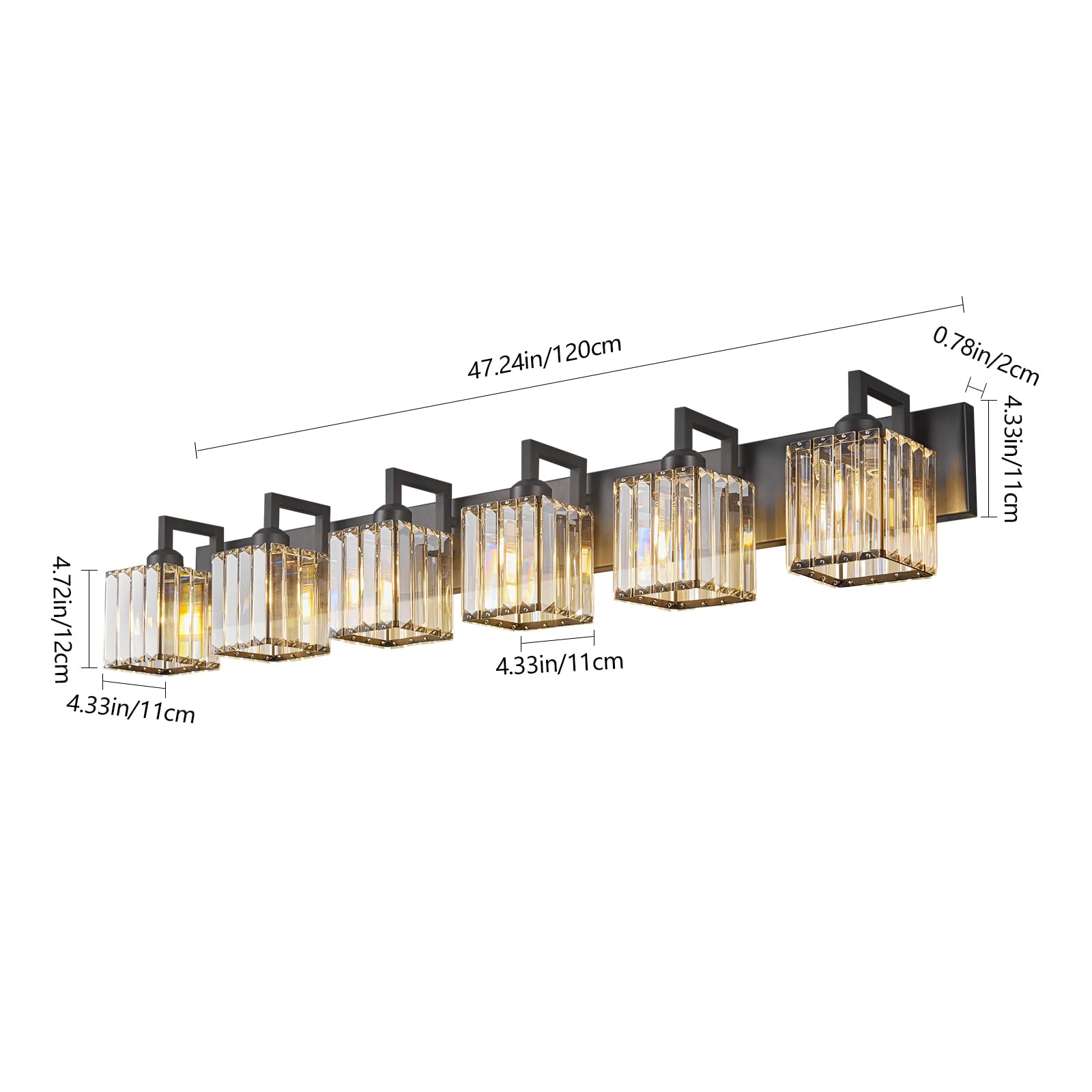 Modern Crystal Vanity Light - 6-Lights Black Wall Lamp for Bathroom Makeup