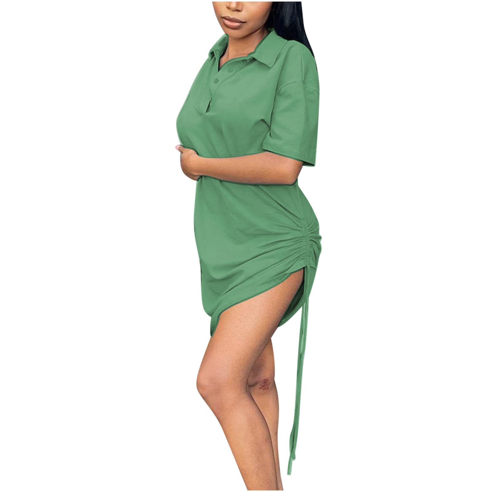 Women's Casual Button-Up Polo Neck Short Sleeve T-Shirt Dress - Plain Mini Dress with Side Drawstring for Loose Fit | Perfect for Summer Outings, Beach Wear and Daily Casual Fashion