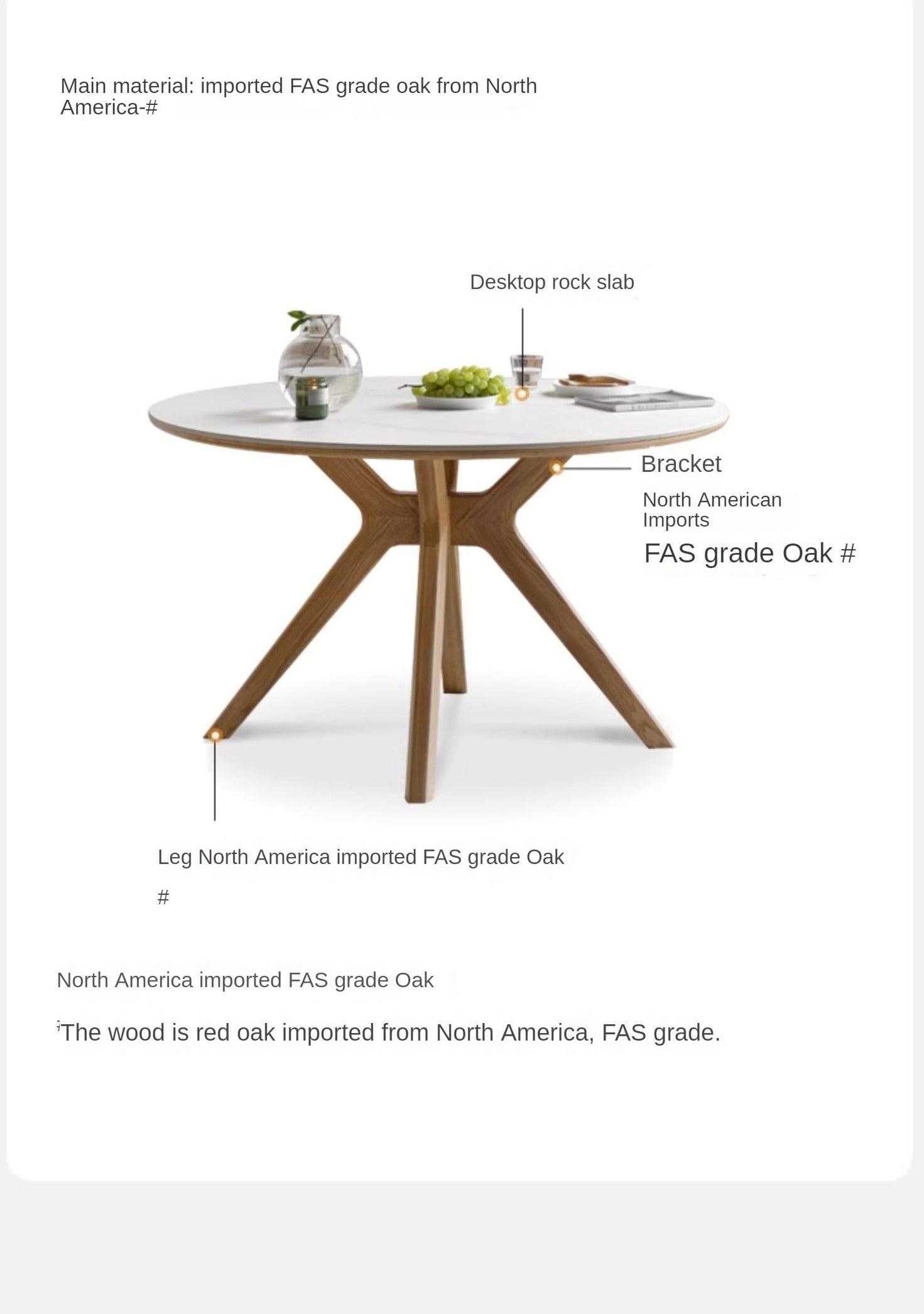 Solid Oak Wood Round Nordic Dining Table with Rock Slab Surface - Modern Farmhouse Kitchen & Dining Room Furniture for Family Gatherings