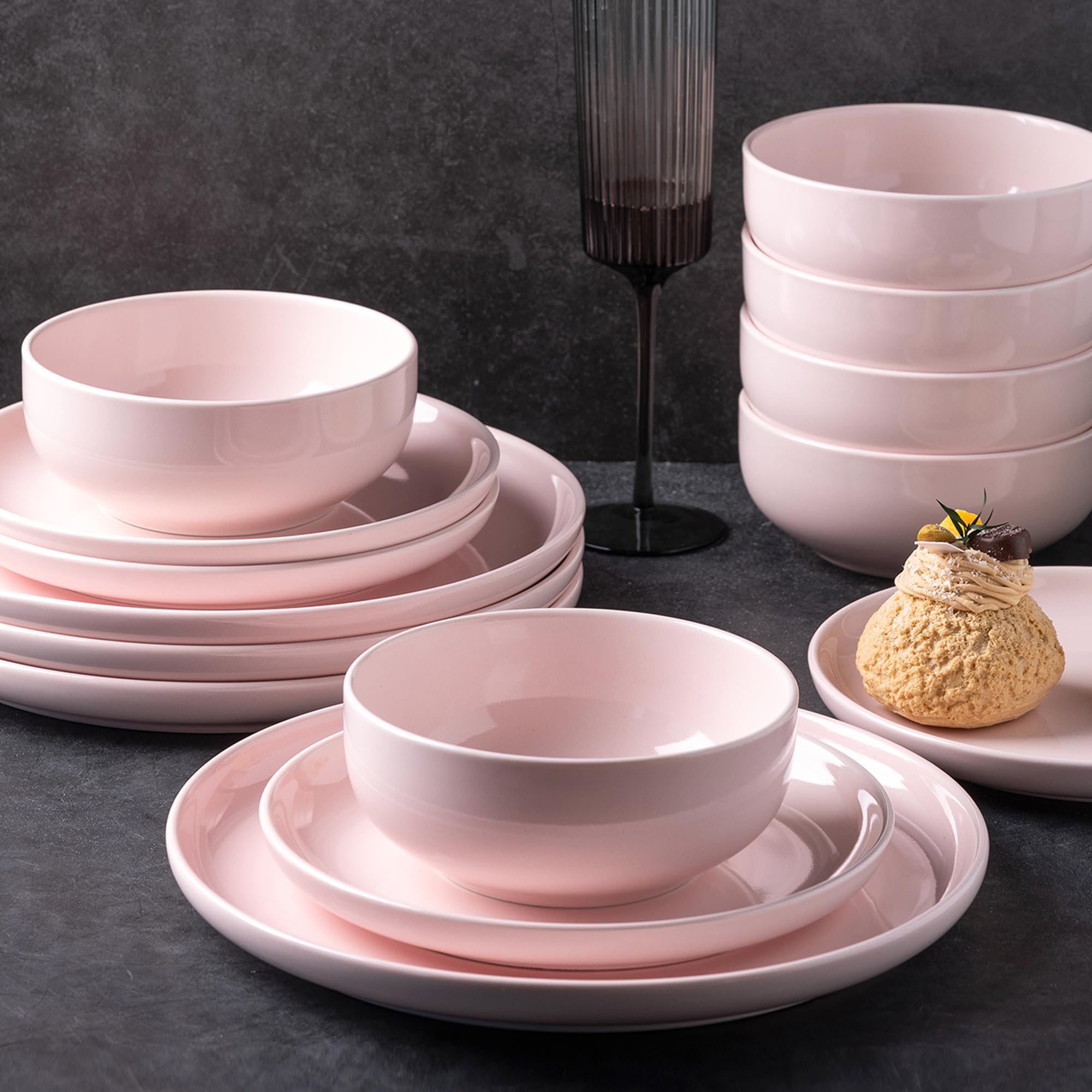 AmorArc 6-Piece Ceramic Dinner Plates Set - 8 Inch Round Stoneware Salad & Dessert Plates, Microwave & Dishwasher Safe, Scratch Resistant Deep Dishes - Pink | Perfect for Family Dinners, Parties, Restaurants & Everyday Use