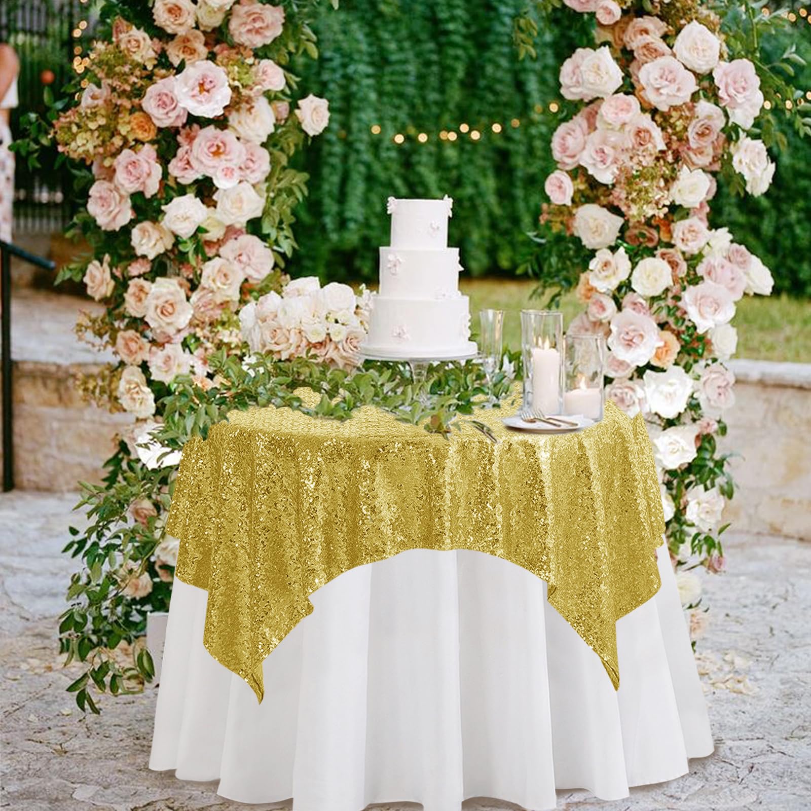 50x50 Inch Square Gold Sequin Tablecloth - Sparkling Seamless Glitter Party Table Cover, Elegant Shiny Table Overlay for Wedding, Birthday, Prom & Special Event Decorations | Perfect for Banquet, Reception, and Celebration Table Settings