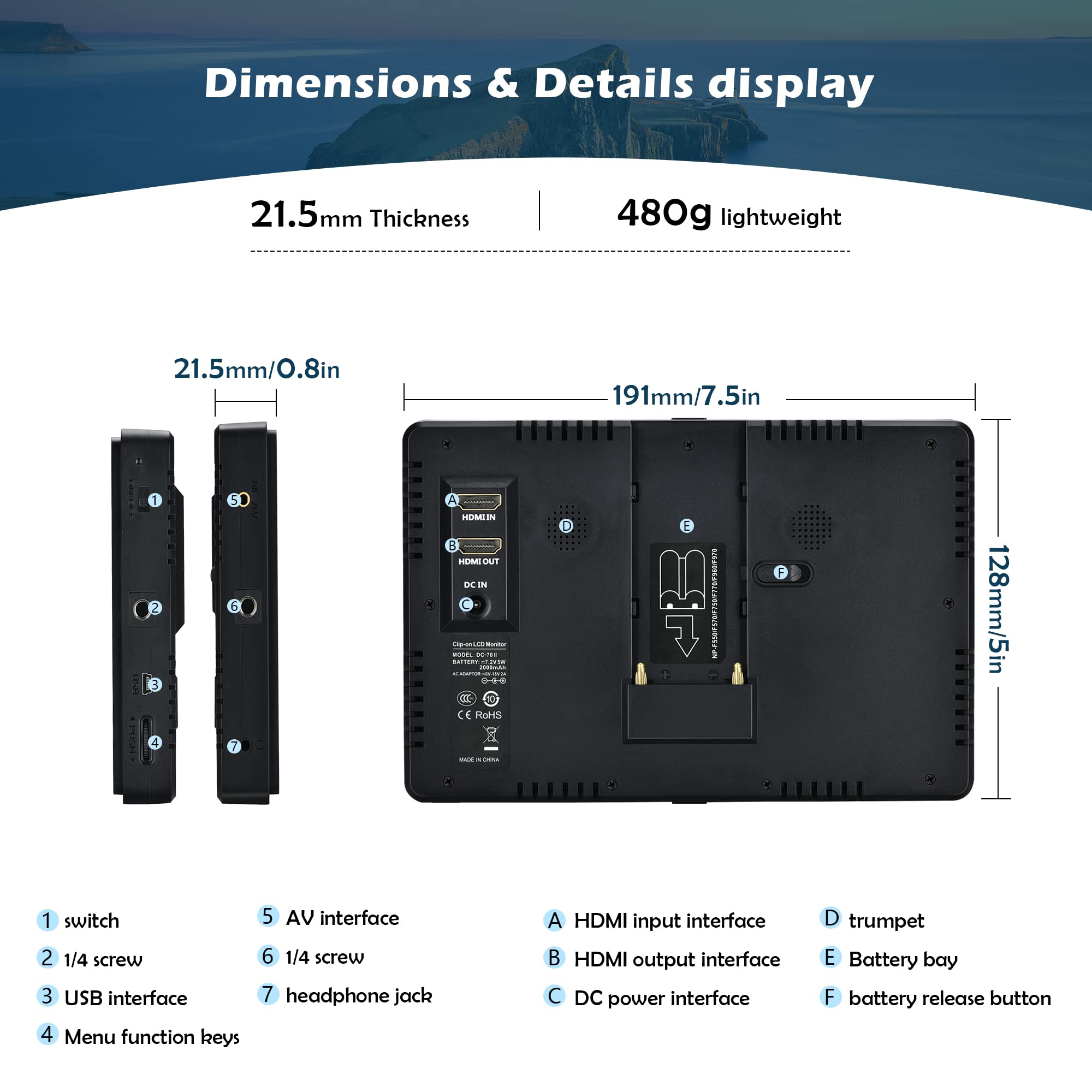 VILTROX DC-70 II 7 Inch 4K HDMI Camera Field Monitor with Peaking Focus Assist - Compatible with Canon Nikon Sony DSLR Cameras - Includes Sunshade Hood & Battery for Outdoor Photography and Videography