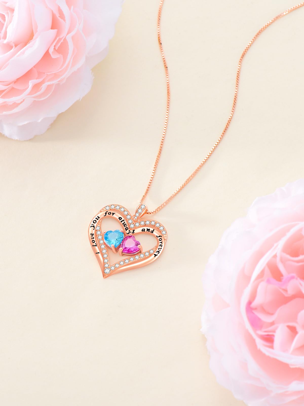 Rose Gold Heart Double Birthstone Necklace - Personalized Birthstone Jewelry for Women, Wife, Girlfriend, Mom & Grandma - 12 Gemstone Options - Meaningful Birthday, Mother's Day & Anniversary Gift - Perfect for Valentine's Day, Weddings & Special Occasions