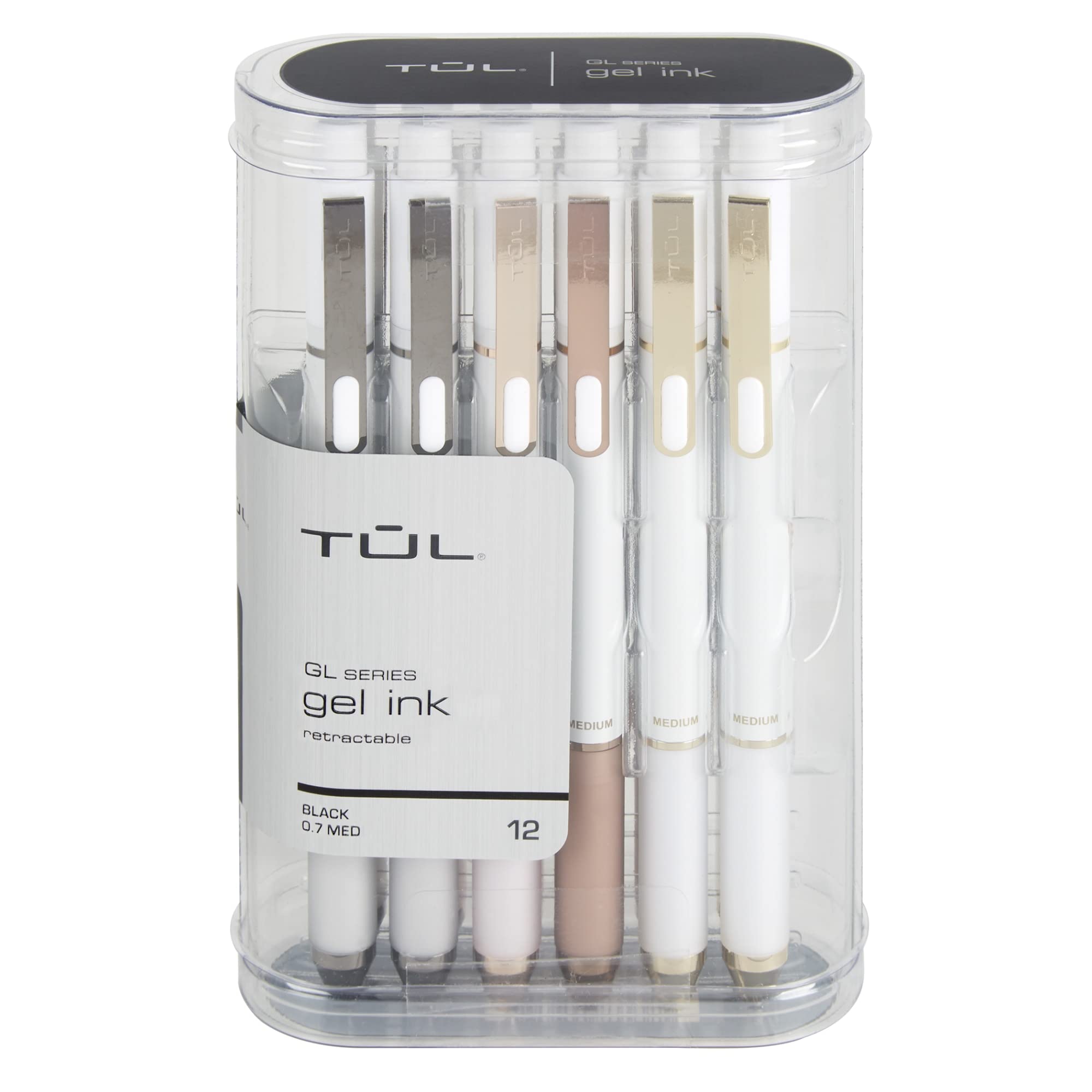 TUL® GL Series Retractable Gel Pens - 0.7mm Medium Point, Pearl White Barrel with Black Ink, 12-Pack for Office, School & Note Taking