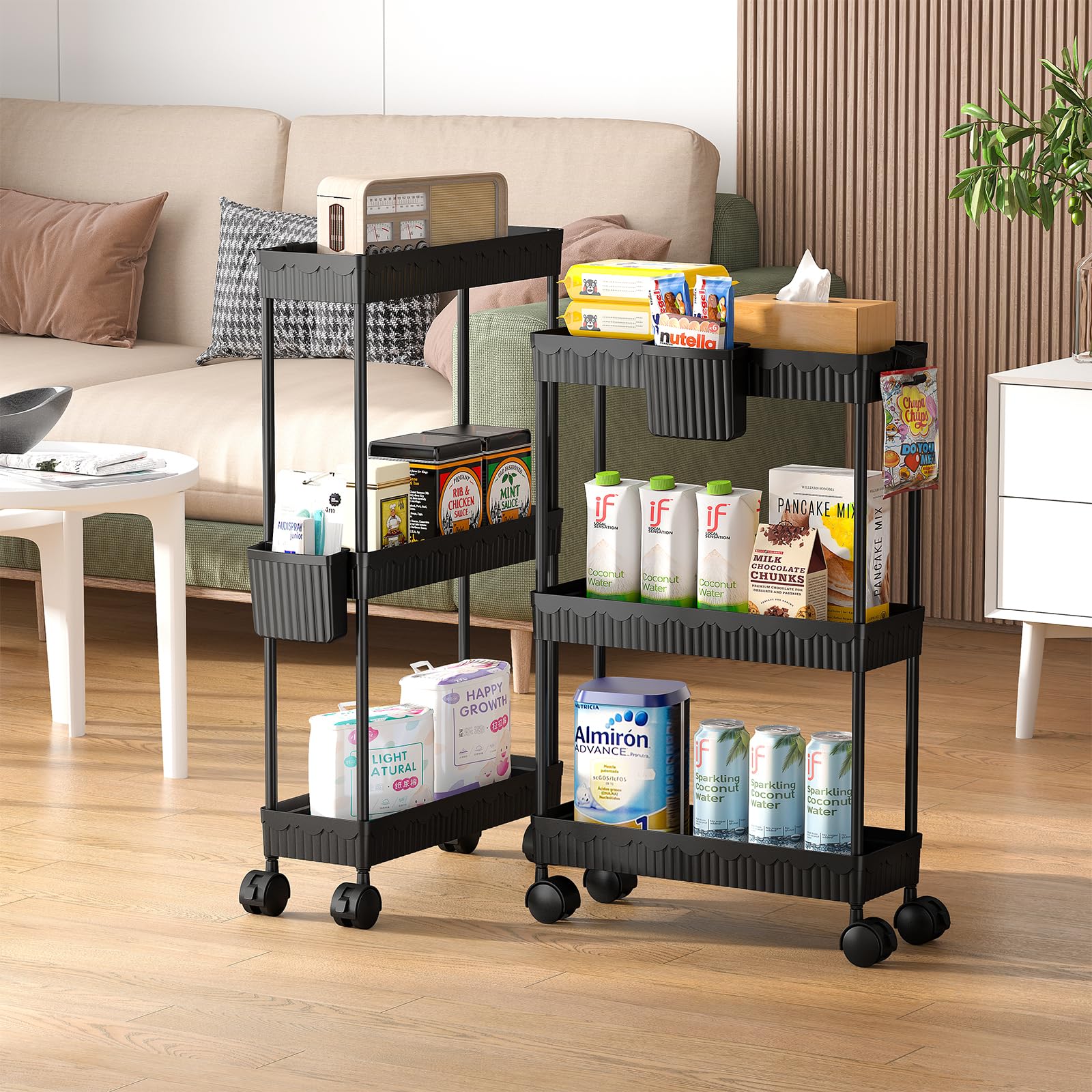 2-Pack Slim Rolling Storage Cart with Wheels - 3 Tier Utility Cart for Bathroom, Kitchen & Narrow Spaces - Expandable to 3/4/5/6 Tier Shelves (Black) - Perfect for Small Apartment Organizing, Office Supplies & Laundry Room Storage