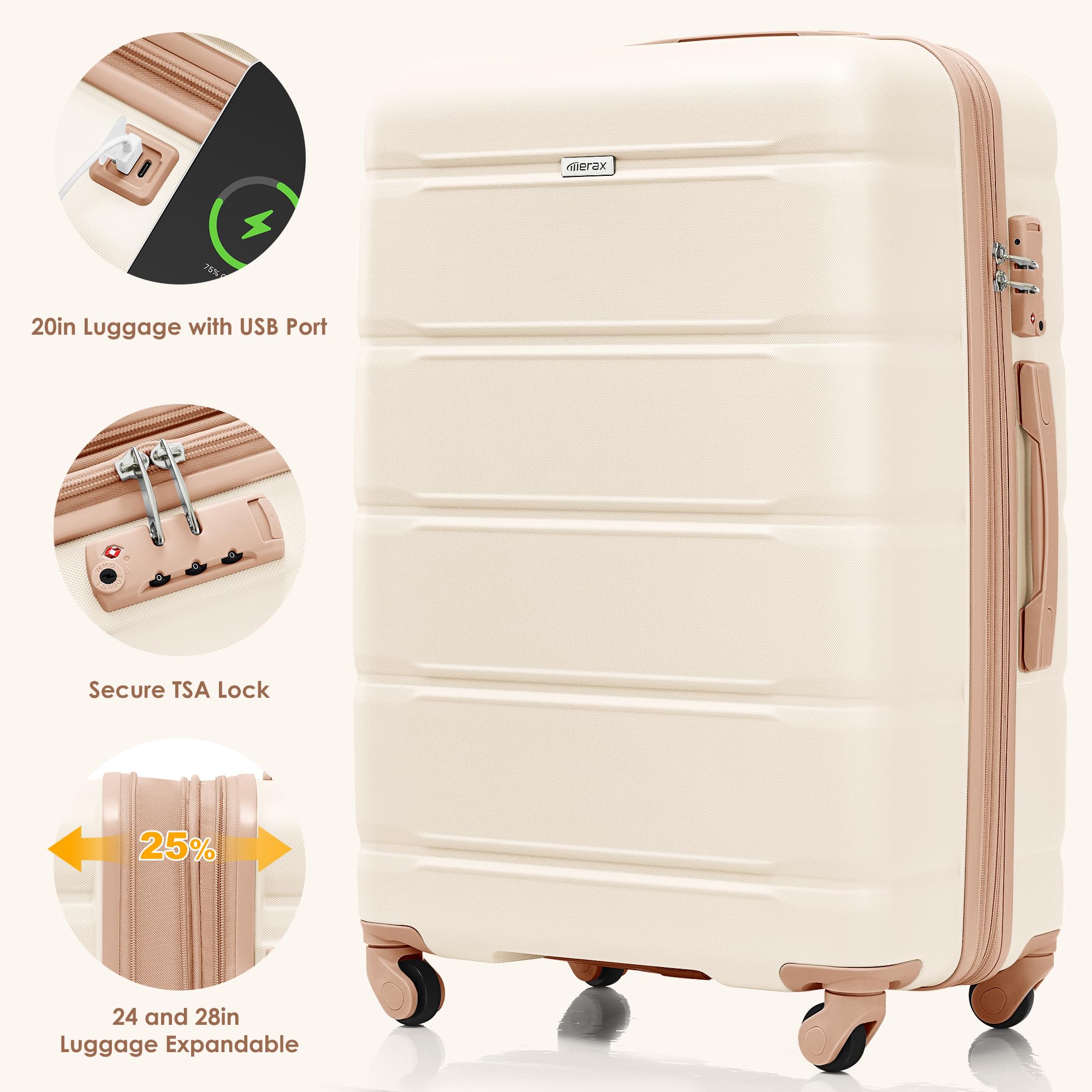 Merax Expandable Hardside Luggage Set with 360° Spinner Wheels - 3-Piece Suitcase (20/24/28 Inch) in Ivory Horizontal Stripe - Perfect for Air Travel, Business Trips & Family Vacations