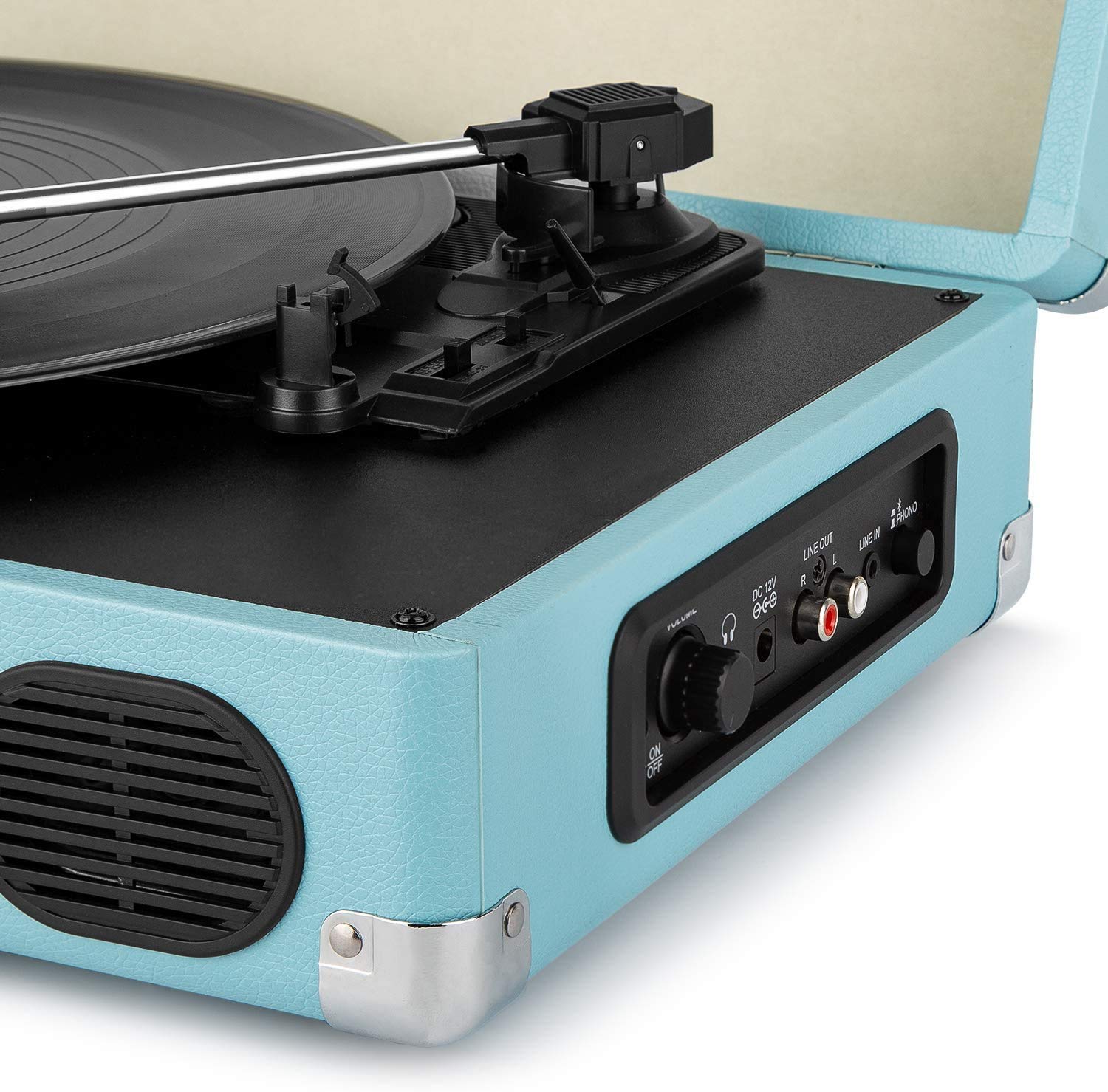 1 BY ONE Belt-Drive Bluetooth Record Player - 3-Speed Portable Vinyl Turntable with Built-in Speakers, RCA Output & Headphone Jack, MP3 & Mobile Phone Music Playback, Turquoise - Perfect for Home, Office, and Party Use