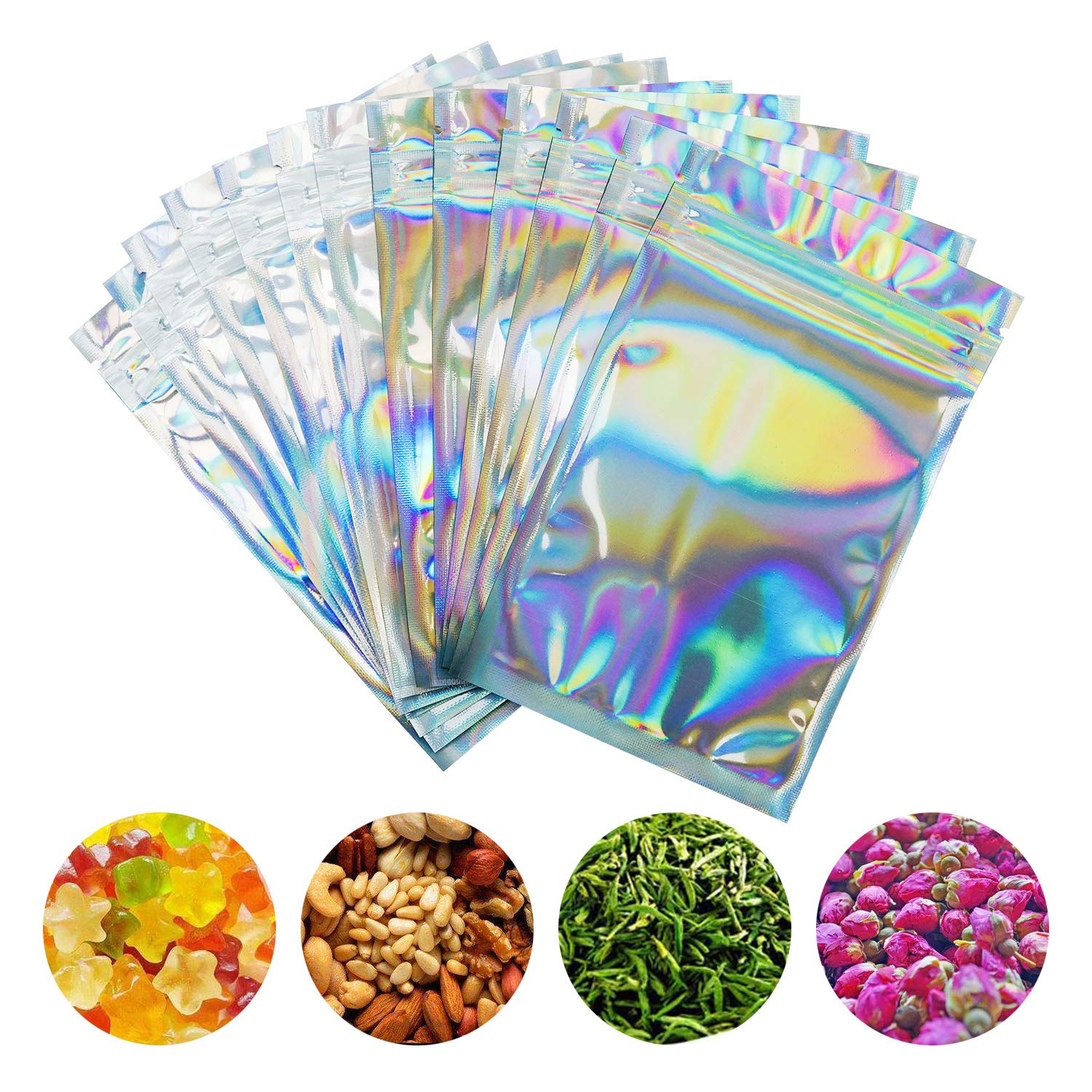 100 Pack Smell Proof Mylar Bags 3x5 Inches - Resealable Zip Lock Food Storage Bags for Candy, Snacks, Herbs & More | Airtight Holographic Rainbow Design | Perfect for Travel, Camping & Home Organization