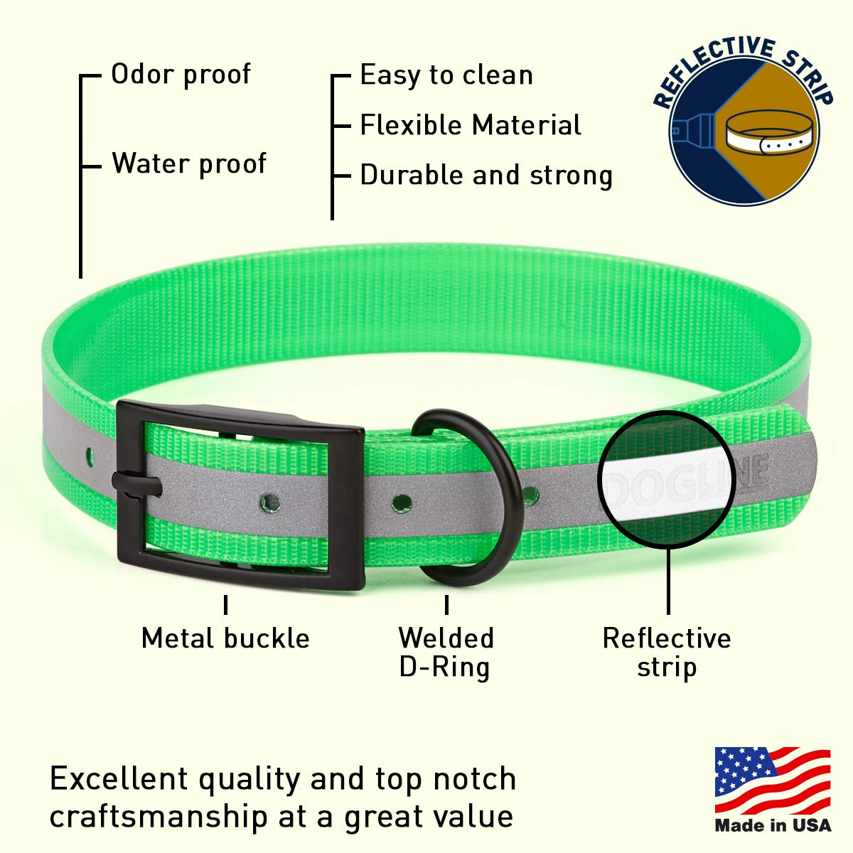 Premium Biothane Reflective Dog Collar - Waterproof, Odor-Proof & Easy-Clean Pet Collar with Black Hardware - Adjustable 18