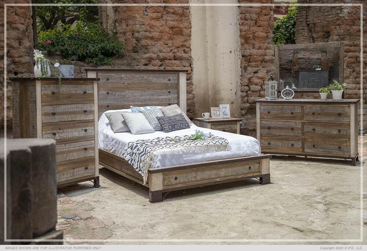 Antique Queen Size Bed IFD966 - Vintage Style Wooden Bed Frame for Bedroom Decor - Perfect for Master Bedroom, Guest Room & Farmhouse Style Homes