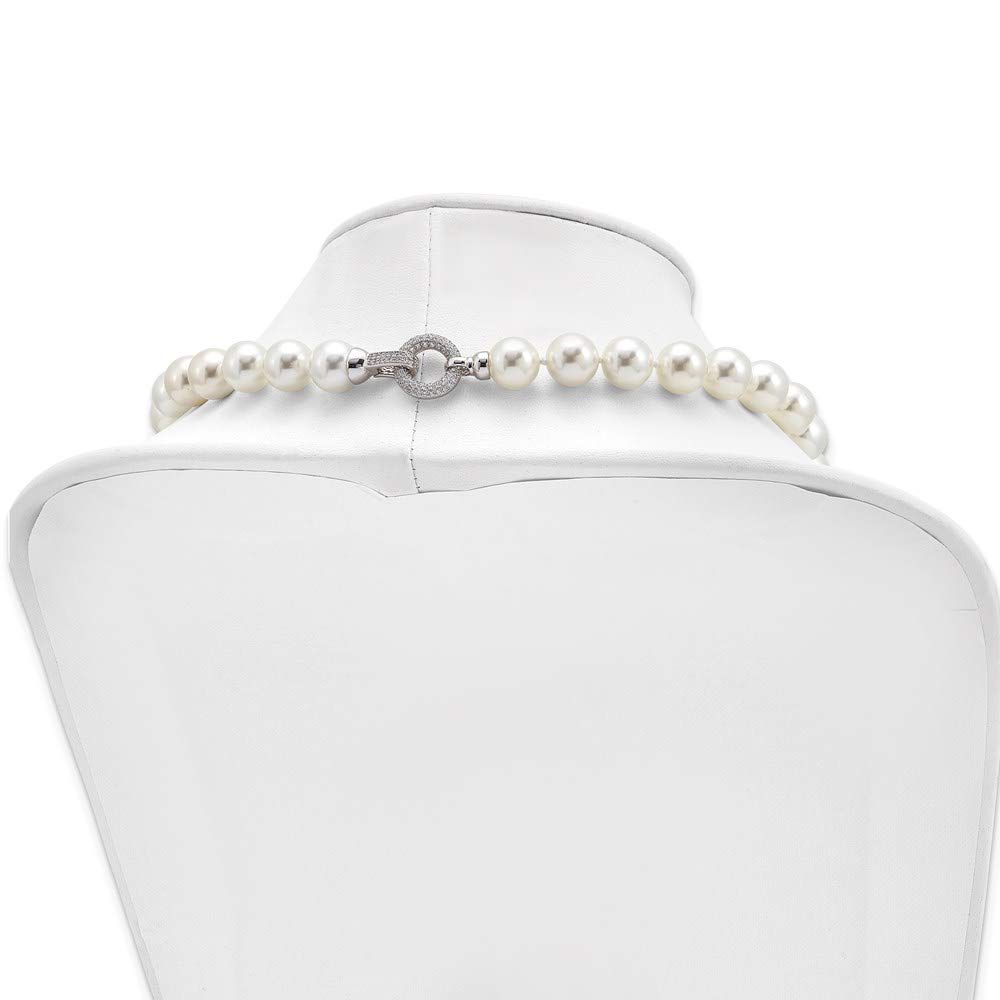 925 Sterling Silver 12-13mm White Shell Cubic Zirconia Pendant Necklace with Fancy Clasp - Elegant Fine Jewelry for Women, Perfect Gift for Her (18.5