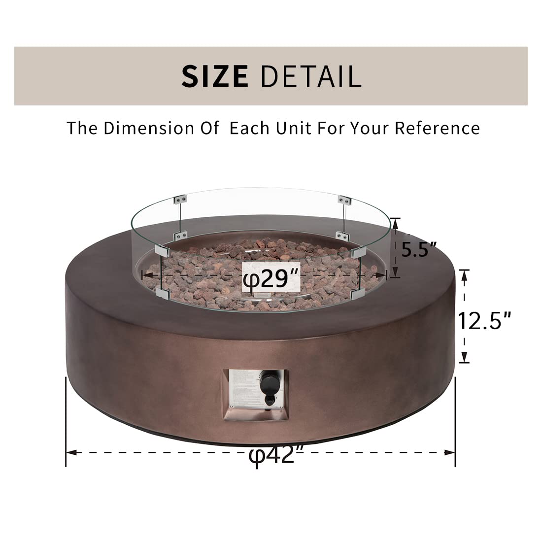 50,000 BTU 42-inch Round Bronze Concrete Propane Fire Pit Table with Wind Guard, Lava Rocks & Rain Cover - Outdoor Patio Heater for Backyard, Garden, Deck & Poolside Gatherings